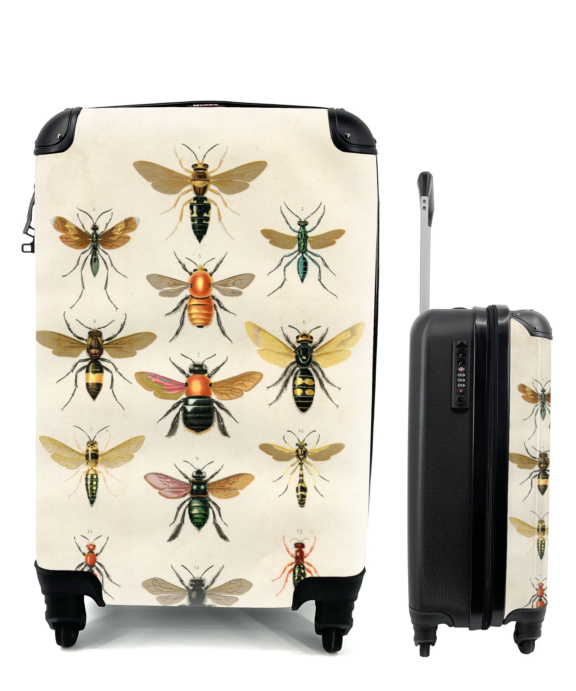MuchoWow Handgepäckkoffer Eine Illustration einer Gruppe von Bienen vor einem hellen Hintergrund, 4 Rollen, Reisetasche mit rollen, Handgepäck für Ferien, Trolley, Reisekoffer