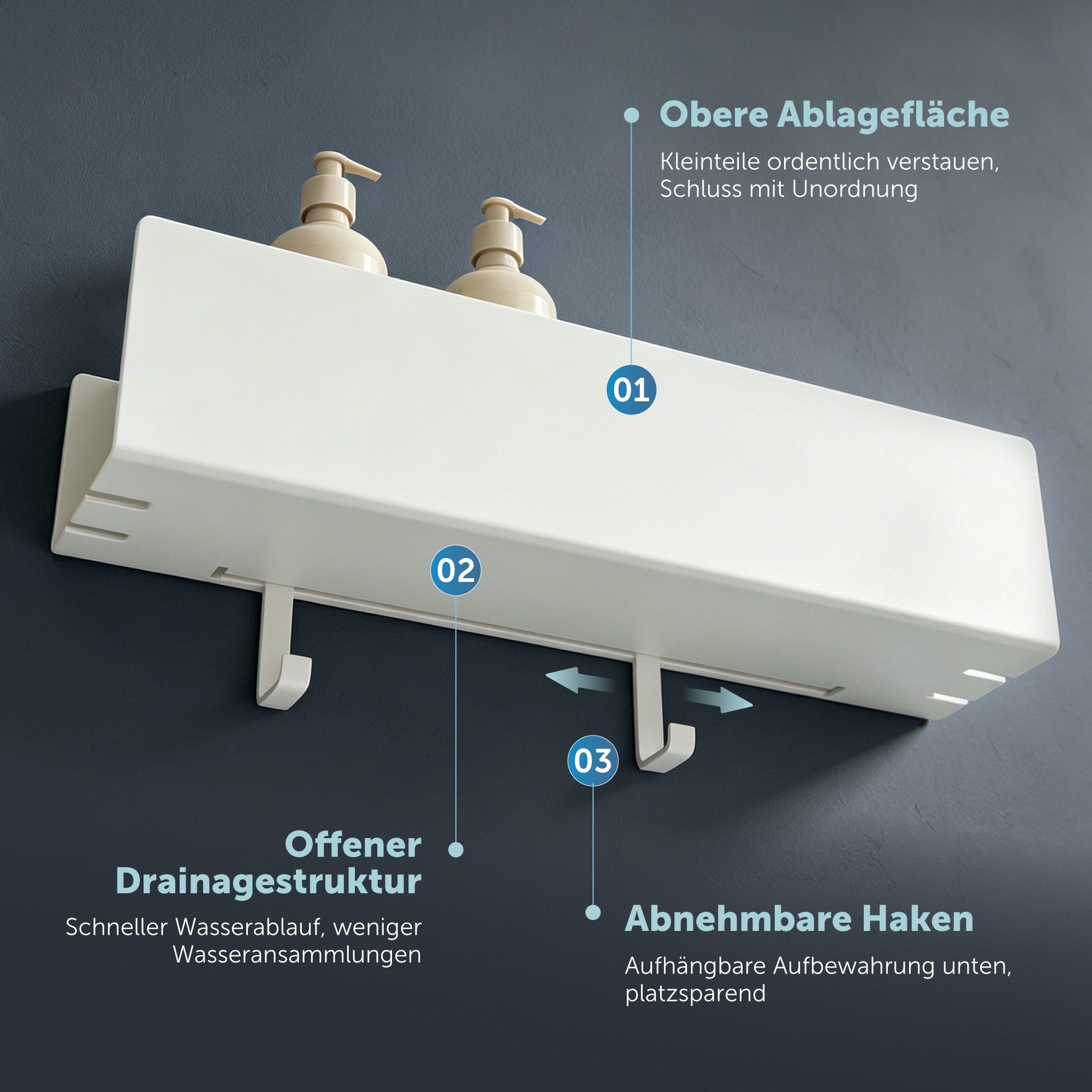doporro Duschablage Duschregal Wandregal 40cm mit 2 Haken aus Carbonstahl Reglo-18, Offene Drainagestruktur,erhöhter Schutzrand,2 abnehmbare Haken