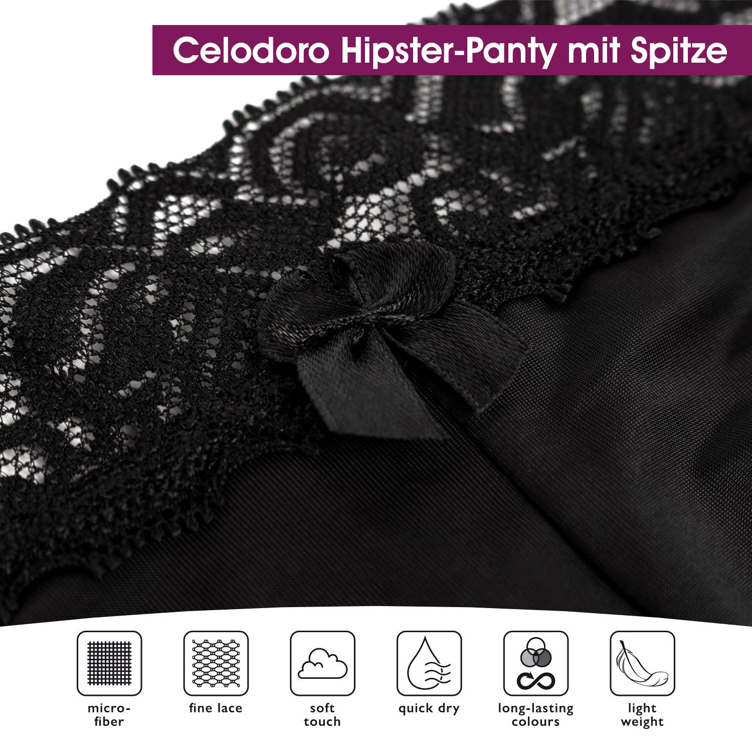 celodoro Panty Damen Hipster Panty mit Spitze (6er Pack) Dessous Slips