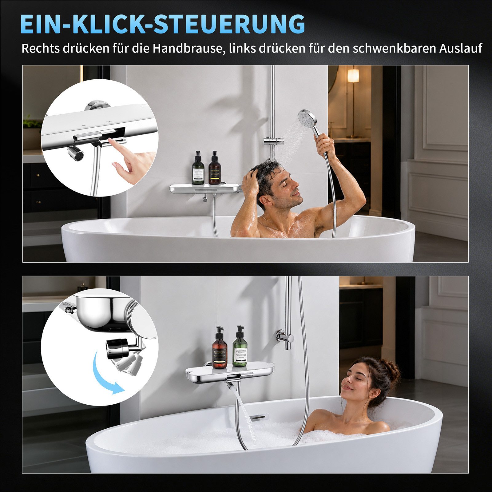 HOMELODY Brausegarnitur Badewannenarmatur Duschset mit Ablage, 5F Handbrause, höhenverstellbar, 3 Strahlart(en), 900 mm Höhenverstellbare Duschstange mit schwen – Bild 3 von 5