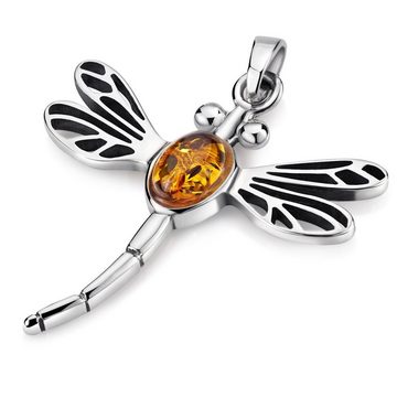 Materia Kettenanhänger Damen Silber Libelle Insekt Bernstein Orange KA-39, 925 Sterling Silber, rhodiniert