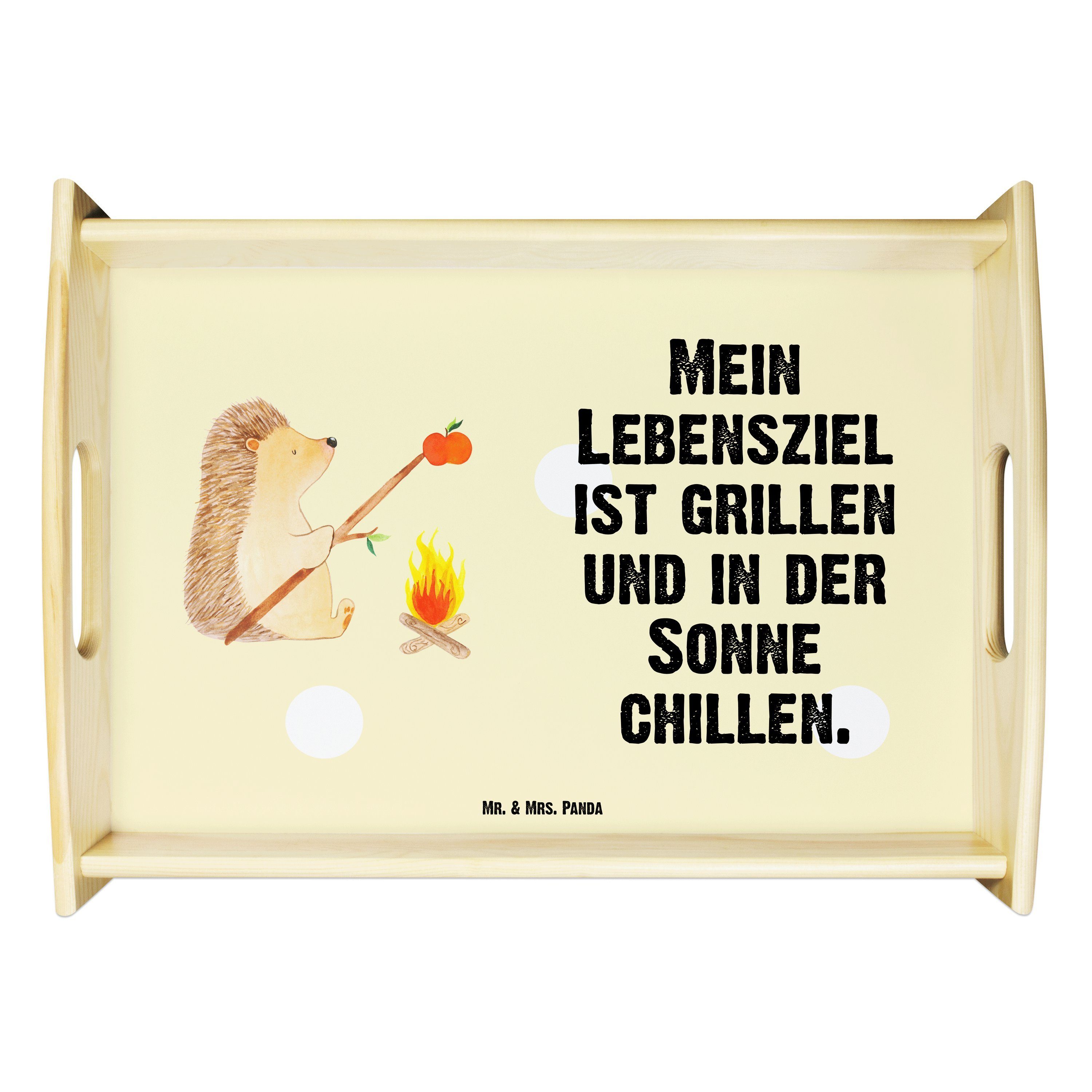 Mr. & Mrs. Panda Tablett Igel grillt - Gelb Pastell - Geschenk, Dekotablett, Motivation, Grill, Echtholz lasiert, (1-tlg)