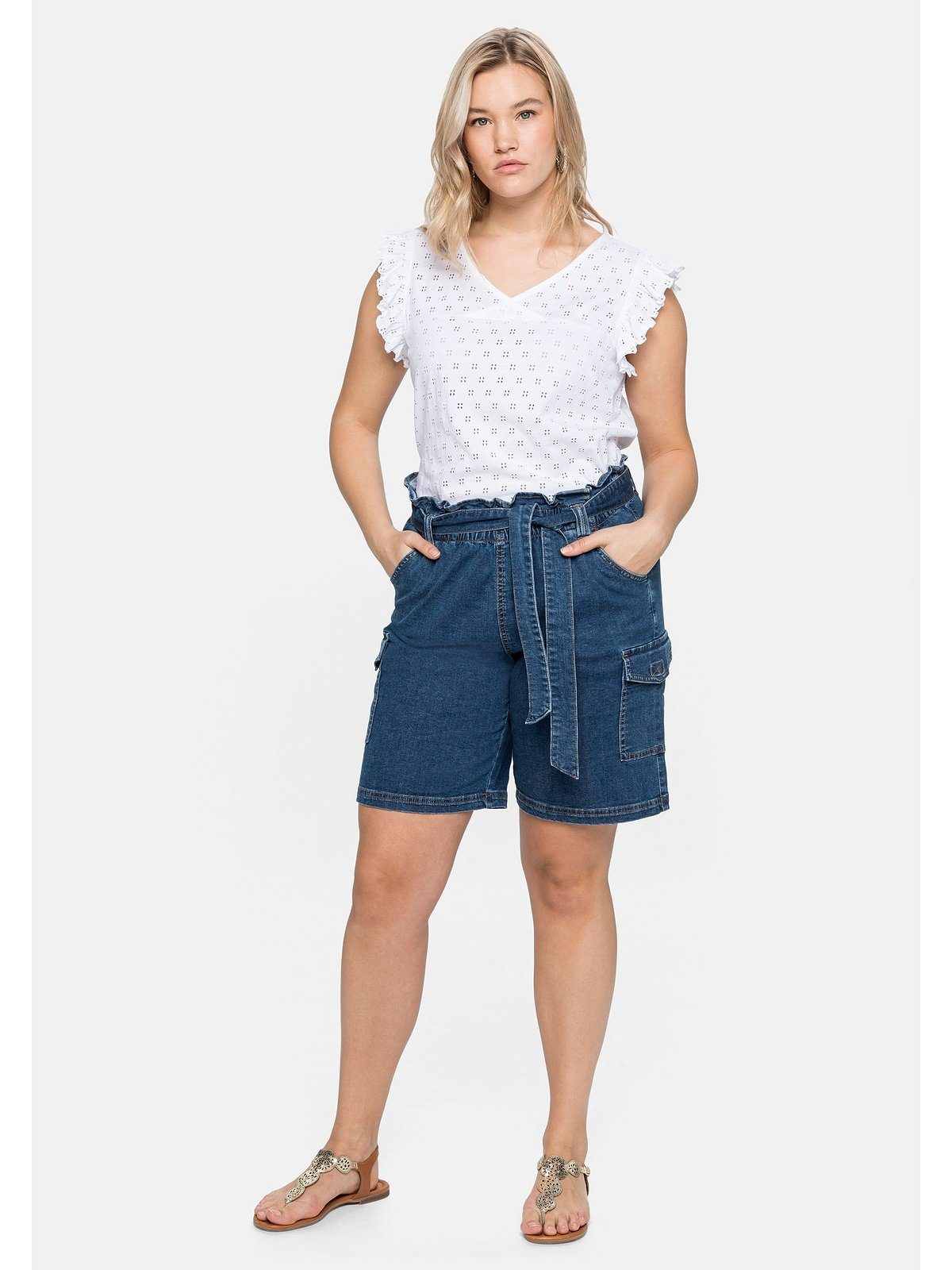Sheego Jeansbermudas Große Größen (Set) mit High-Waist-Bund und Gürtel