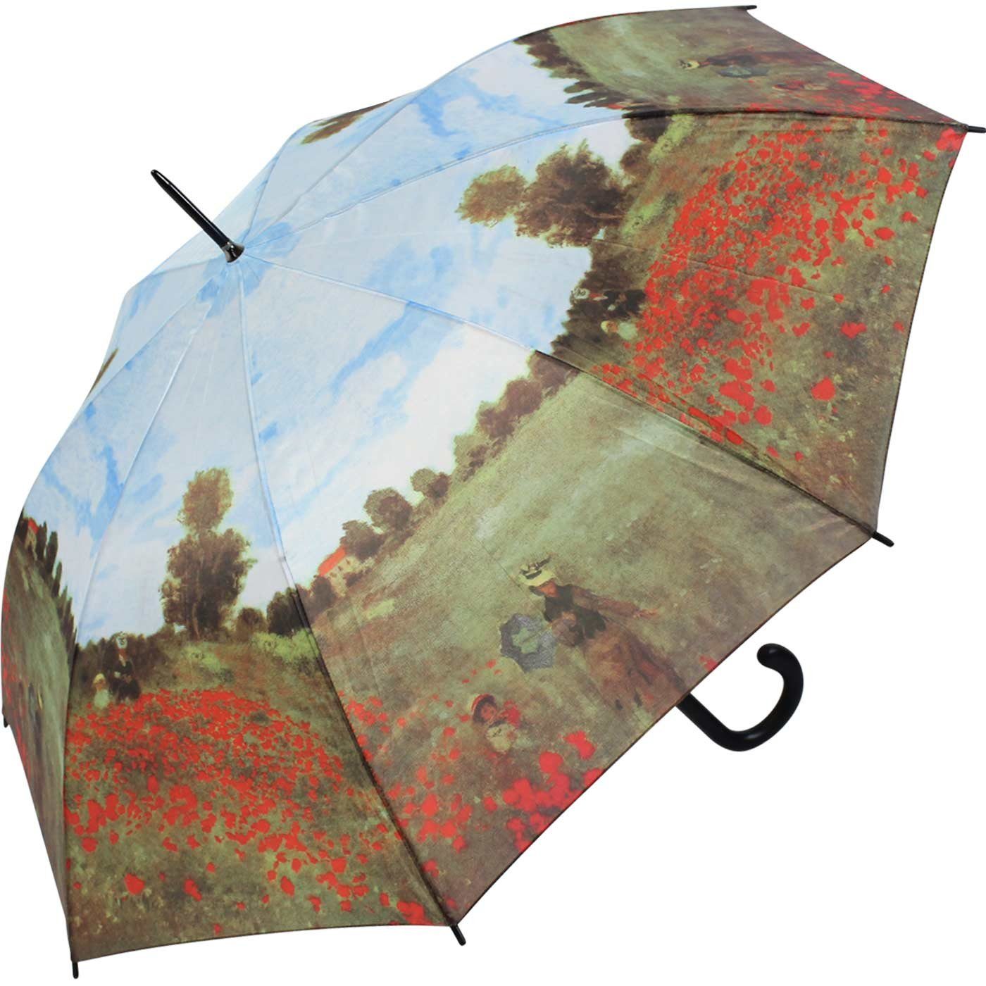 HAPPY RAIN Stockregenschirm großer Regenschirm mit Künstlermotiv für Damen, Motiv Monet Mohnblumenfeld
