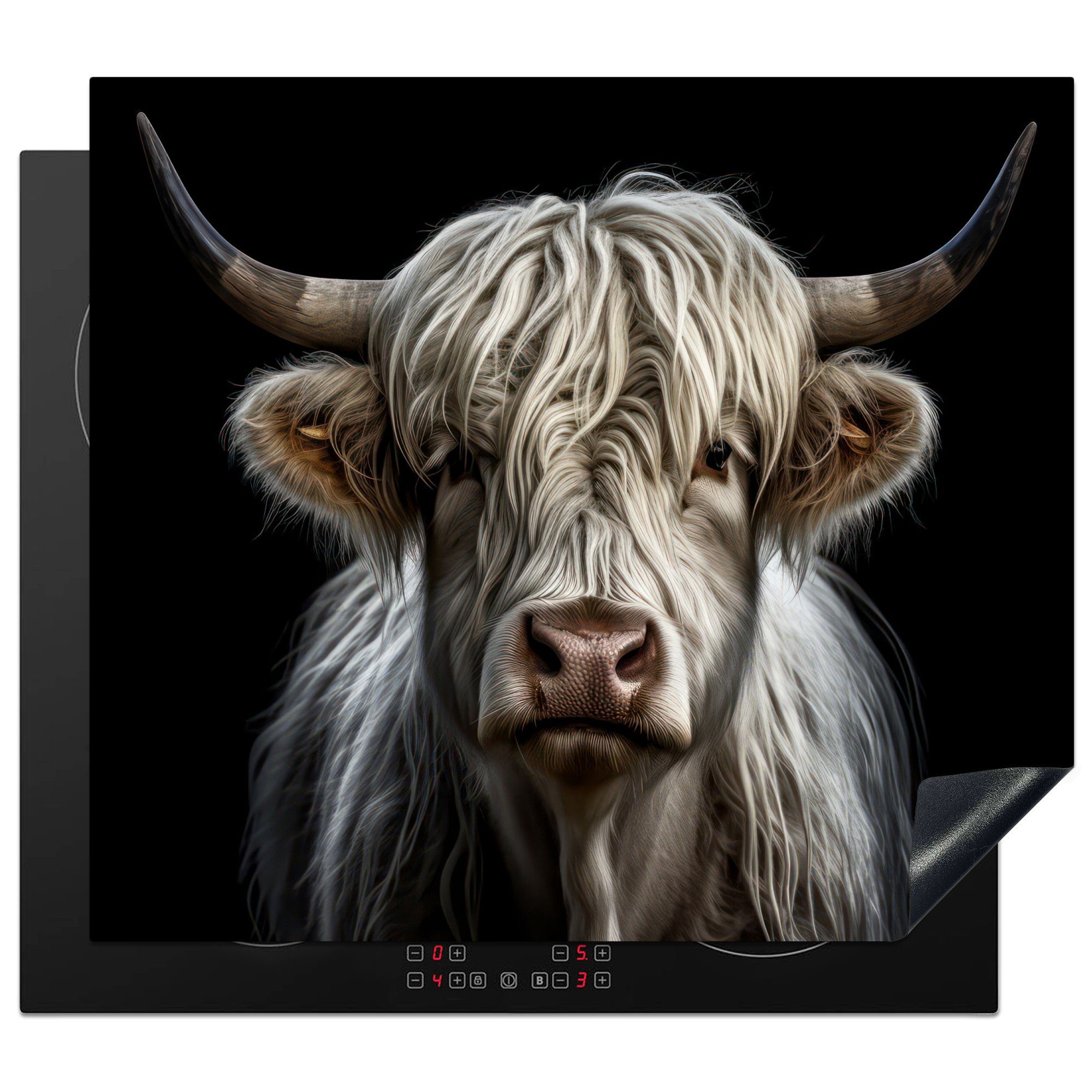MuchoWow Herdblende-/Abdeckplatte Schottischer Highlander - Tiere - Kühe - Porträt - Schwarz, Vinyl, (1 tlg), 60x52 cm, Mobile Arbeitsfläche nutzbar, Ceranfeldabdeckung