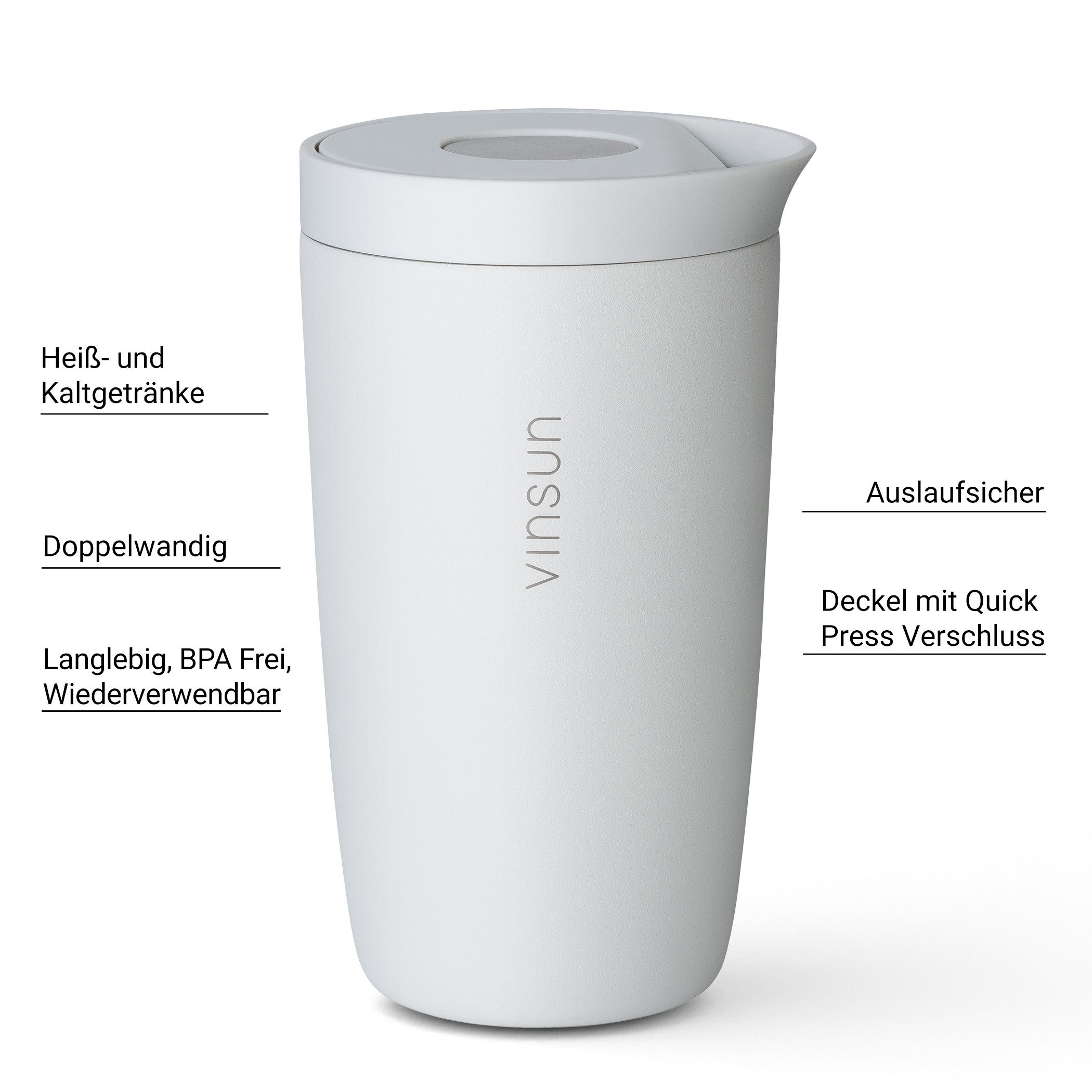 Vinsun Thermobecher Edelstahl Isolierbecher 350ml - Kaffeebecher to Go auslaufsicher, 2-tlg., Edelstahl, Doppelwandig, BPA frei, bruchfest, Einhandbedienung per Knopfdruck