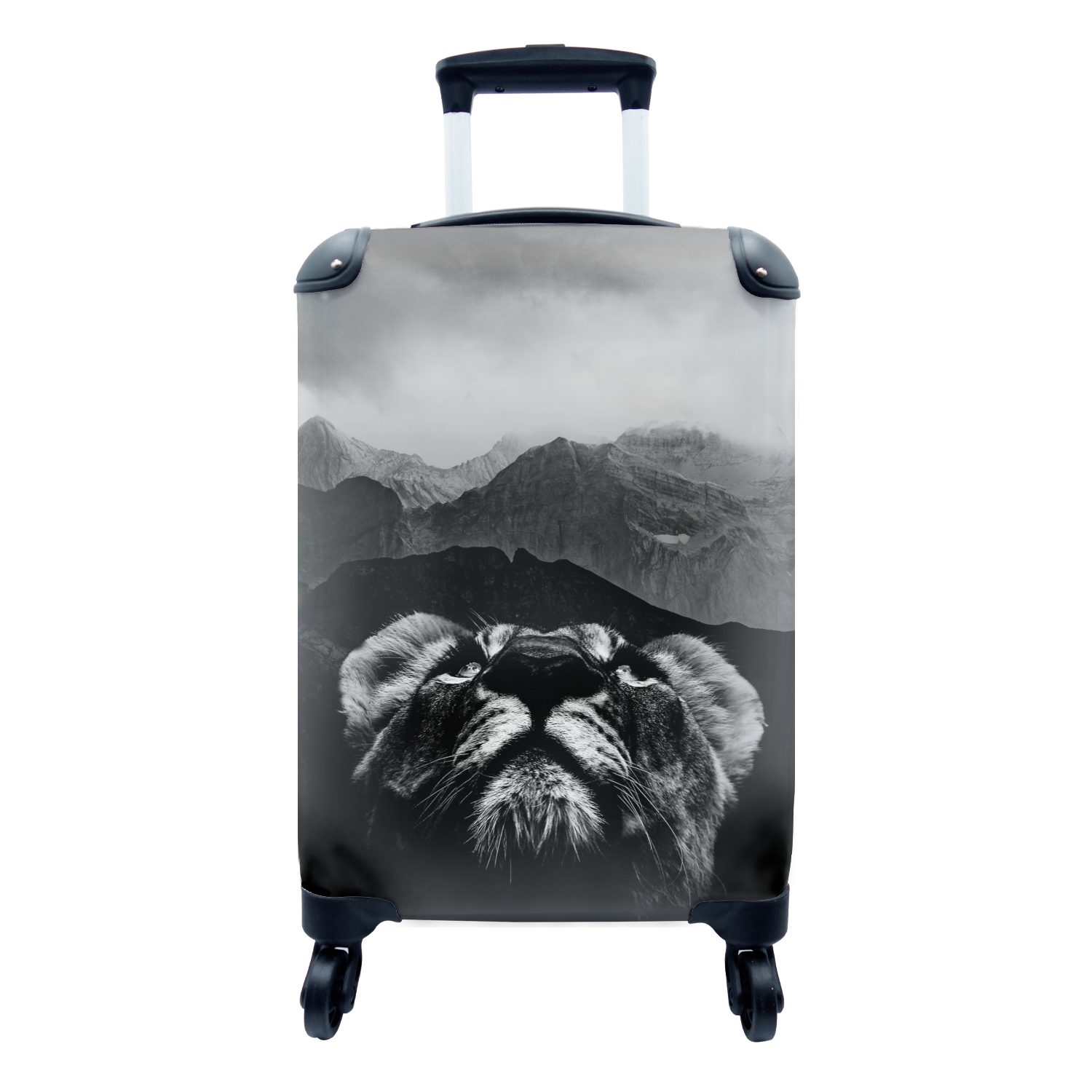 MuchoWow Handgepäckkoffer Tiger mit Blick auf die Berge im Hintergrund - schwarz und weiß, 4 Rollen, Reisetasche mit rollen, Handgepäck für Ferien, Trolley, Reisekoffer