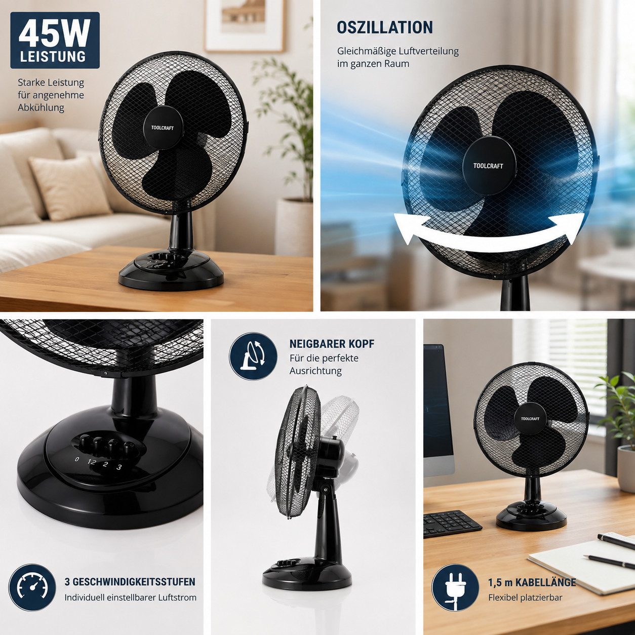 Ertex Tischventilator Turmventilator Tischventilator STAND 45W 40cm Durchmesser WHITE/BLACK