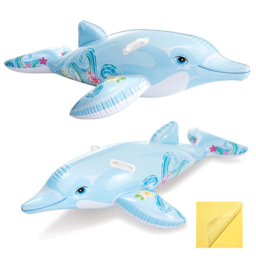 Intex Luftmatratze Aufblasbare Delfin-Schwimmmatratze, (Spar-Set, 1-St., 2 stabile Griffe), Ein selbstklebender Flicken ist im Set enthalten