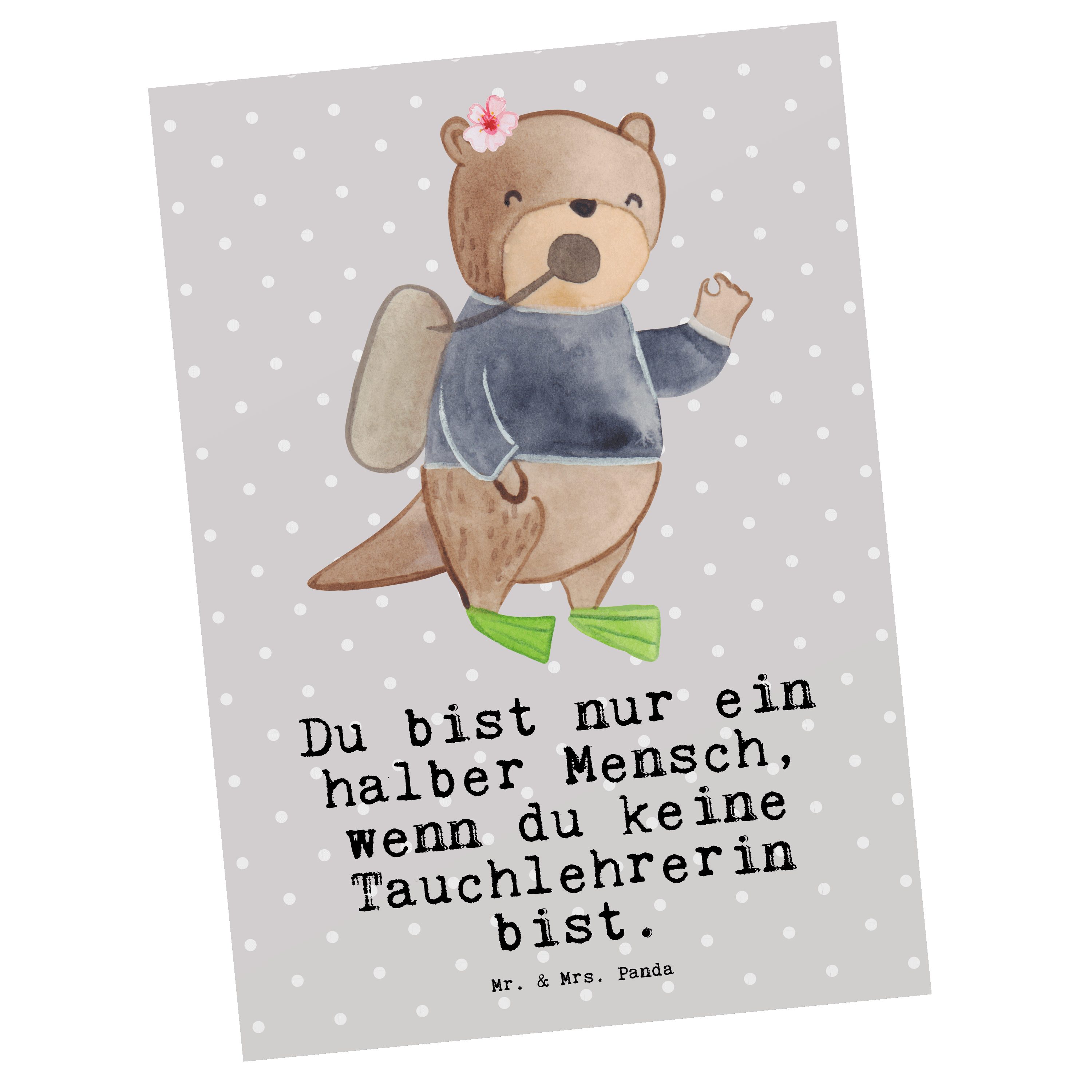 Mr. & Mrs. Panda Postkarte Tauchlehrerin mit Herz - Grau Pastell - Geschenk, Mitarbeiter, Schenk