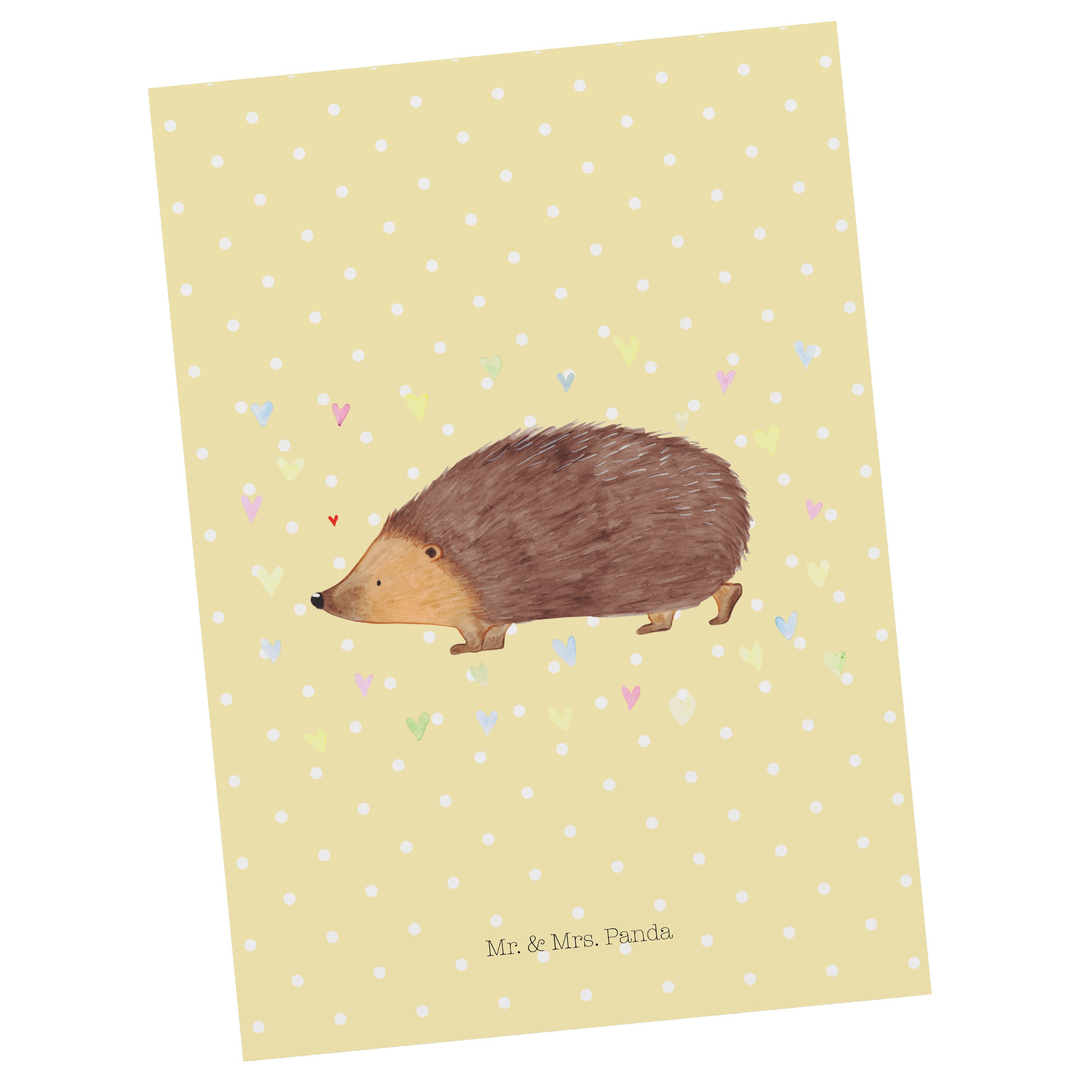 Mr. & Mrs. Panda Postkarte Igel Herzen - Gelb Pastell - Geschenk, Leben, Einladung, Gute Laune