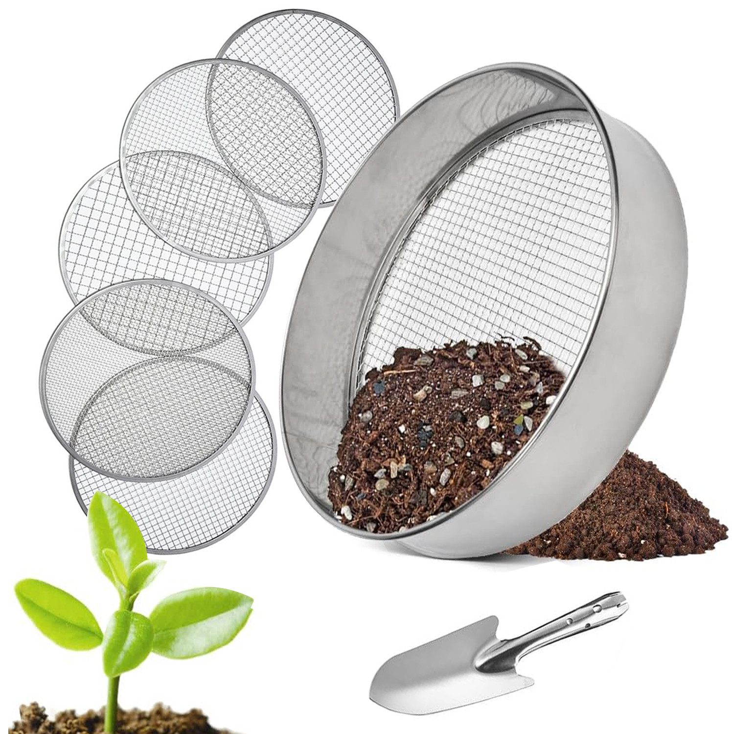 OSTWOLKE Gartensieb 30cm aus Edelstahl mit 5 Austauschbare Siebeinsätze Ø 3,6,9,10,12mm