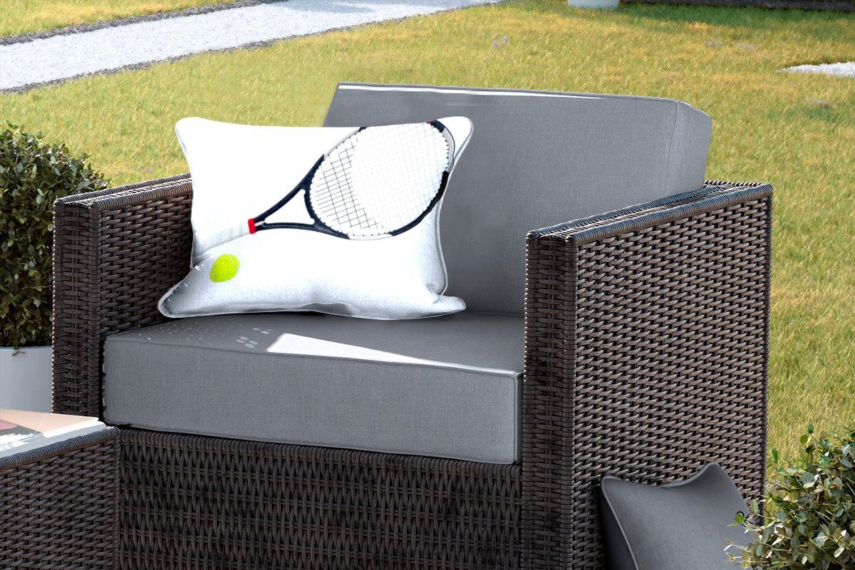 Tennisschläger Outdoor-Dekorationskissen, weißen auf MuchoWow und Kissenhülle Hintergrund, Dekokissenbezug, Polyester, Tennisball Dekokissen einem