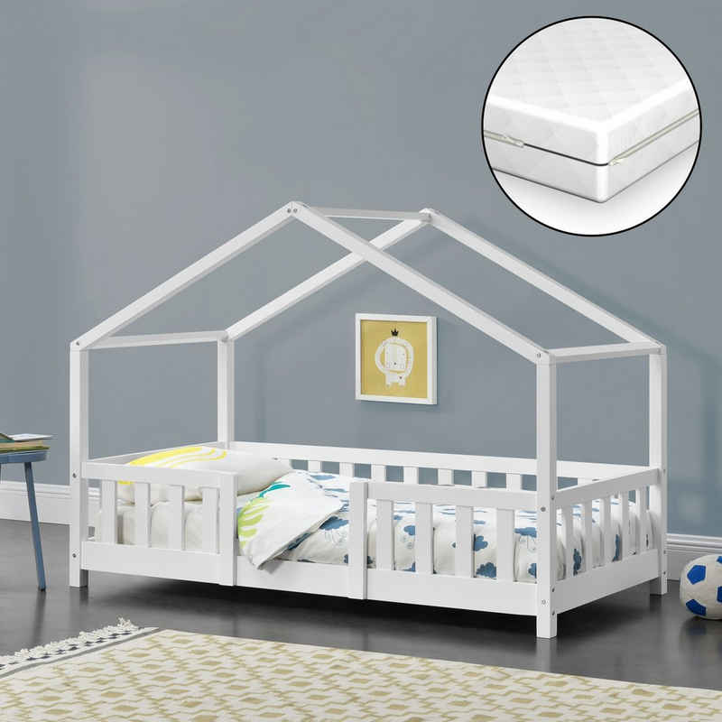 en.casa Kinderbett, »Treviolo« Hausbett mit Rausfallschutz und Kaltschaummatratze Weiß 70x140cm