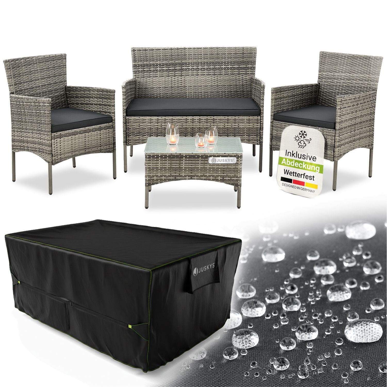 Juskys Gartenlounge-Set Fort Myers, wetterfeste Polyrattan Sitzgruppe für 4 Personen, inkl. Abdeckung