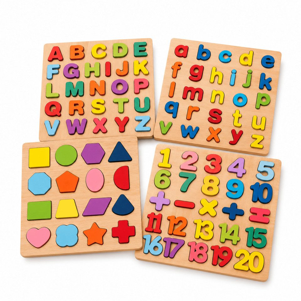 White Fox Studio Steckpuzzle 4er Montessori Puzzle Set – ABC, Zahlen & Formen, Lernspiel aus Holz, 93 Puzzleteile, Erst Motorik, dann Buchstaben und Zahlen lernen