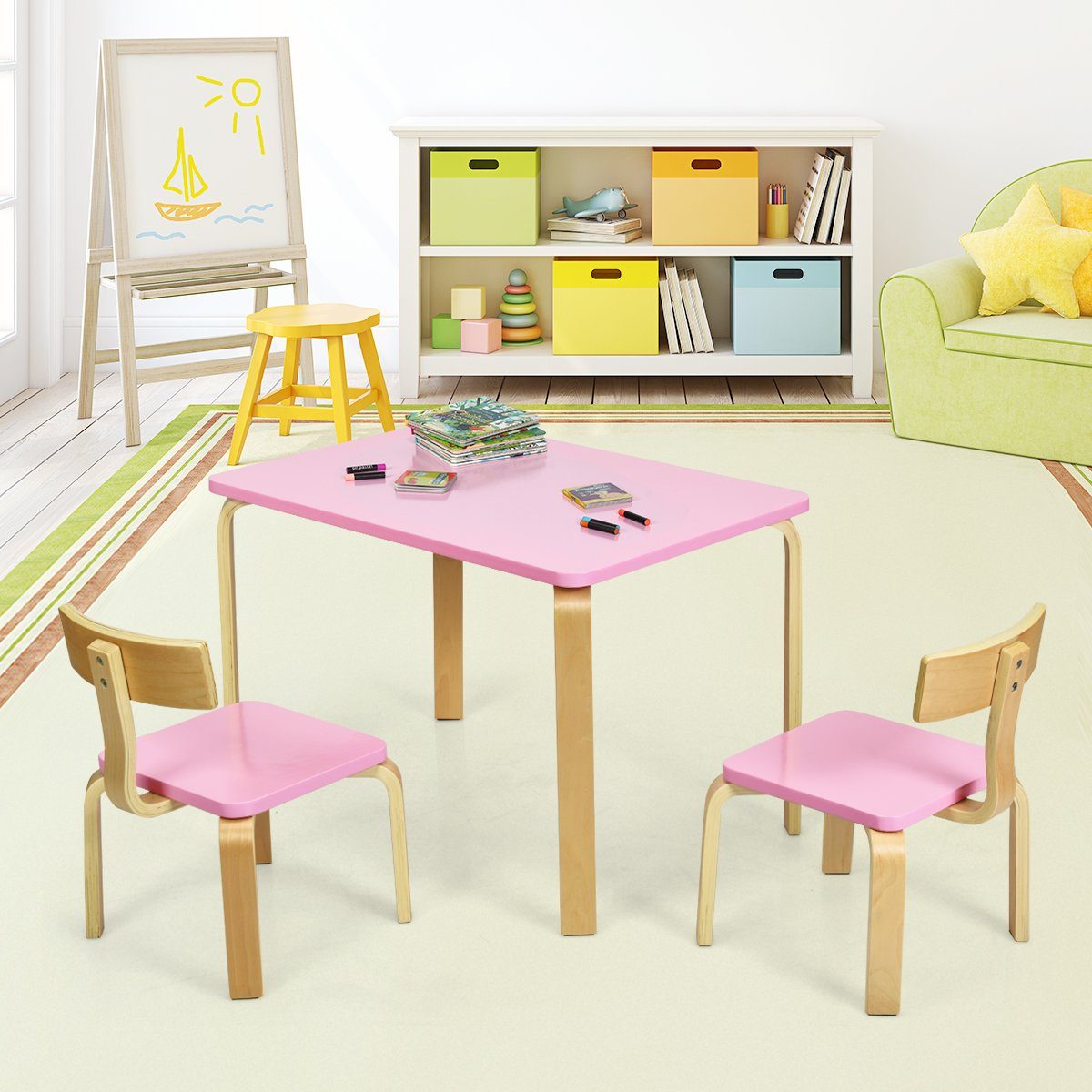 Kinderstühlen, Kindersitzgruppe, Kindertisch Rosa 2 Holz mit COSTWAY