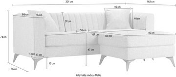 Places of Style Ecksofa MATTHEW B/T/H: 201/162/74 cm, ideal für kleine Räume, L-Form, feine Steppung im Rücken, incl. Zierkissen