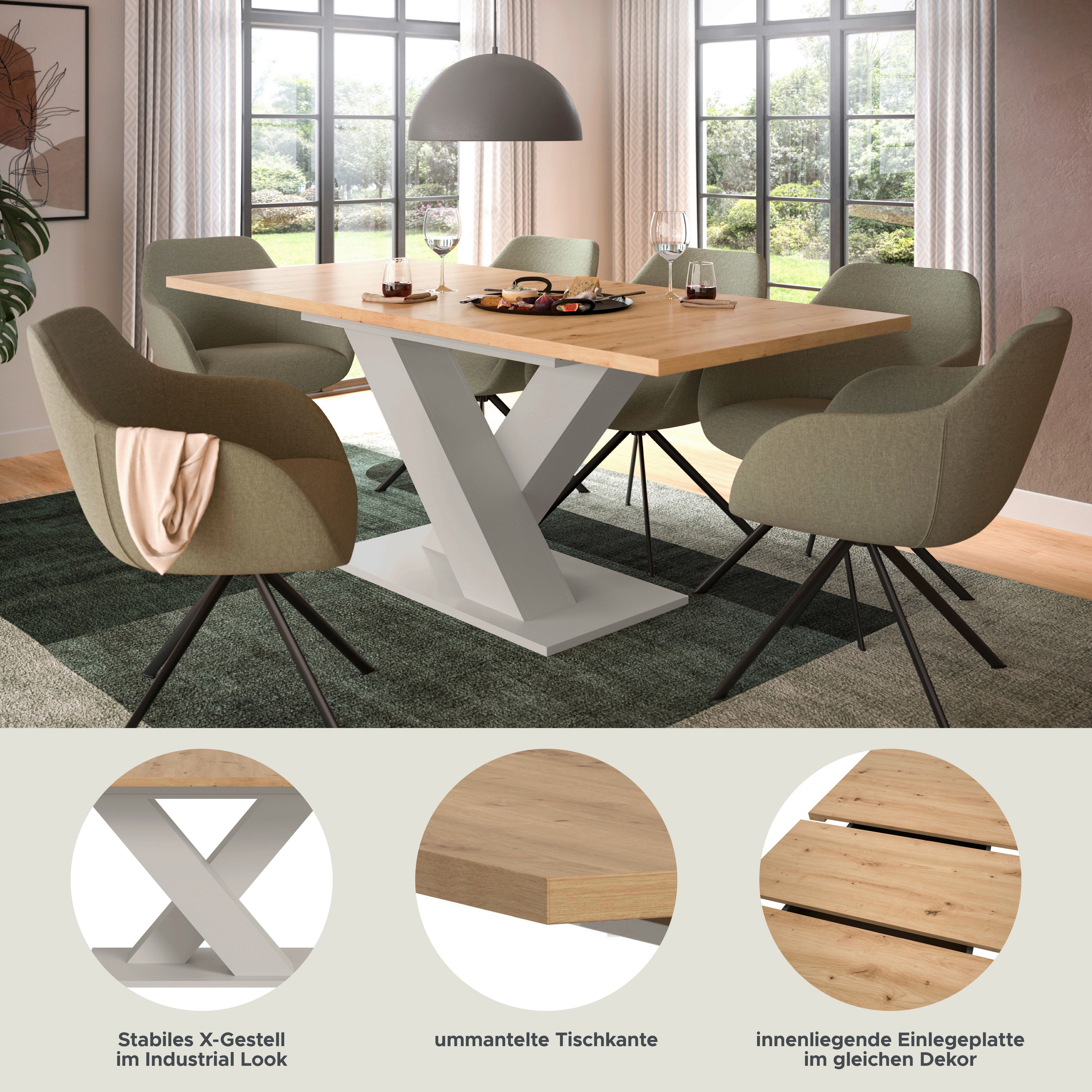Home affaire Esstisch Motus, ausziehbar 150 -190 cm, inklusive 40 cm Einlegeplatte (Set, 1-St), X-Gestell mit Bodenplatte, Tisch, Küchentisch, Esszimmer, Küche
