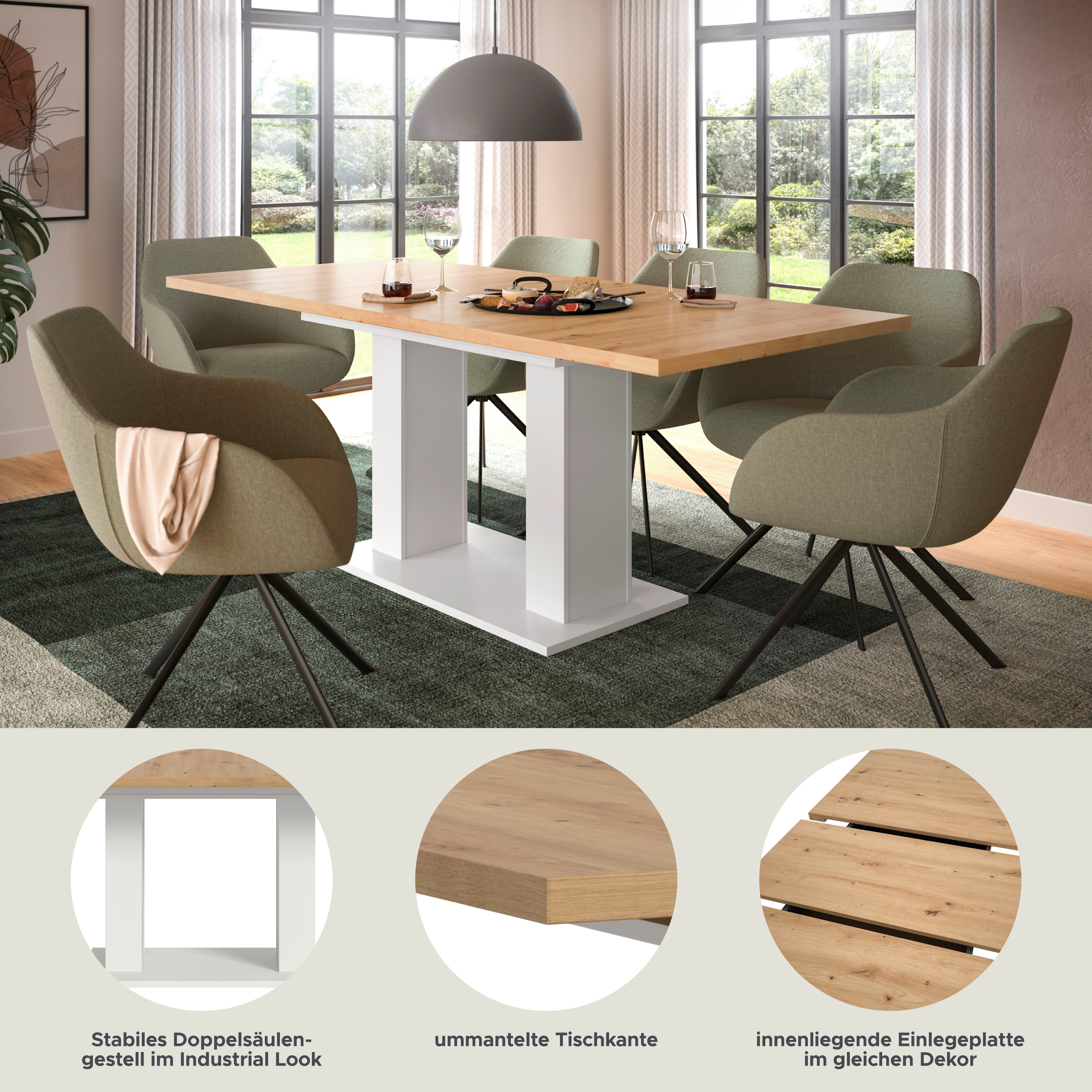 Home affaire Esstisch Motus, ausziehbar 150 -190 cm, inklusive 40 cm Einlegeplatte (Set, 1-St), Doppelsäulengestell mit Bodenplatte, Tisch, Esstisch, Küche