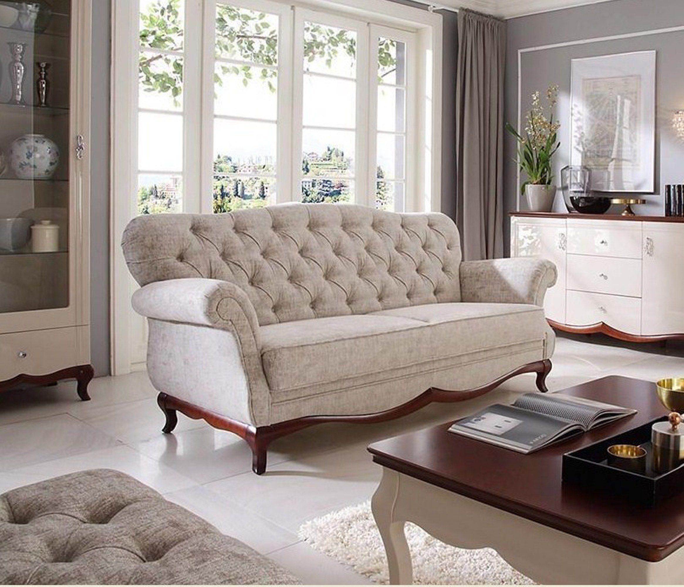JVmoebel Sofa Designer Beige Chesterfield Coch 3 Sitzer Polster Wohnzimmer Sofas, Made in Europe