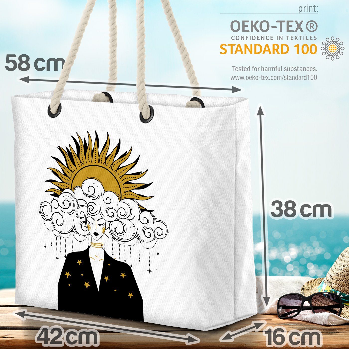 Strandtasche VOID Grafik Boho Kunst Himmel Frau Weihnachten Sonne Gesicht Winter S (1-tlg), Mond