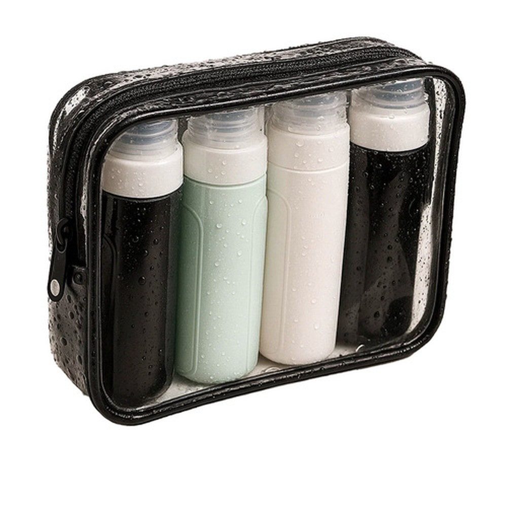 Trizand Kosmetiktasche Reise-Kosmetiktasche Handgepäck (Spar-Set, Reiseflaschen), 4 Flaschen à 90 ml, optimal für Shampoo, Duschgel, Lotion