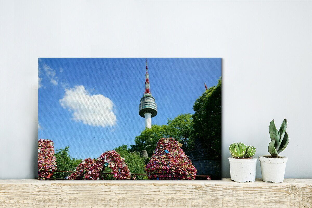 OneMillionCanvasses® Leinwandbild St), Leinwandbilder, Blume, Wandbild - Wanddeko, 30x20 Tower N-Seoul Aufhängefertig, cm (1