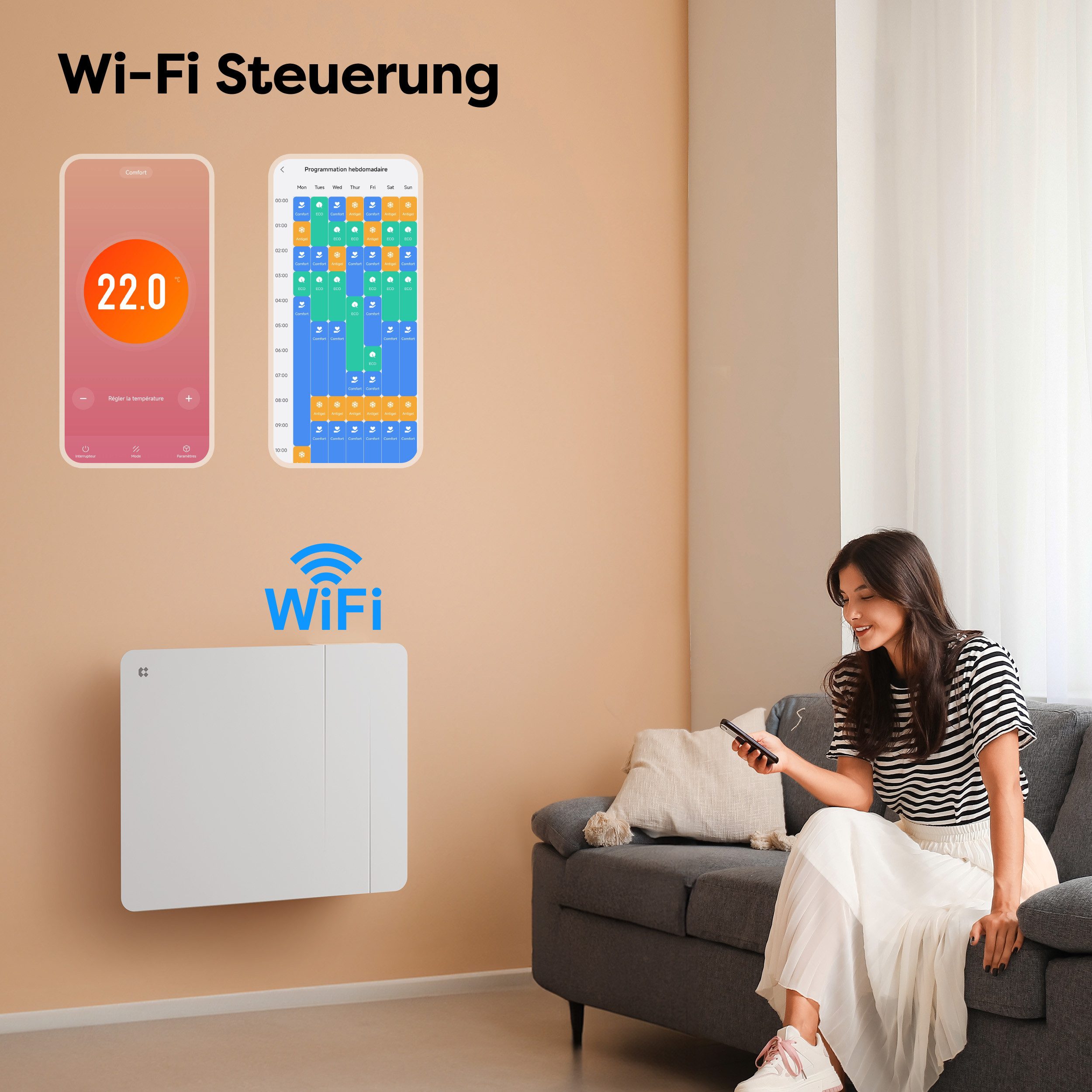 CIARRA Elektro-Heizkörper Heizgerät Smart-Heater 1000 W - 2000 W / 10–25 m², Intelligenter Keramik-heizkörper Elektroheizung Thermostat mit PID