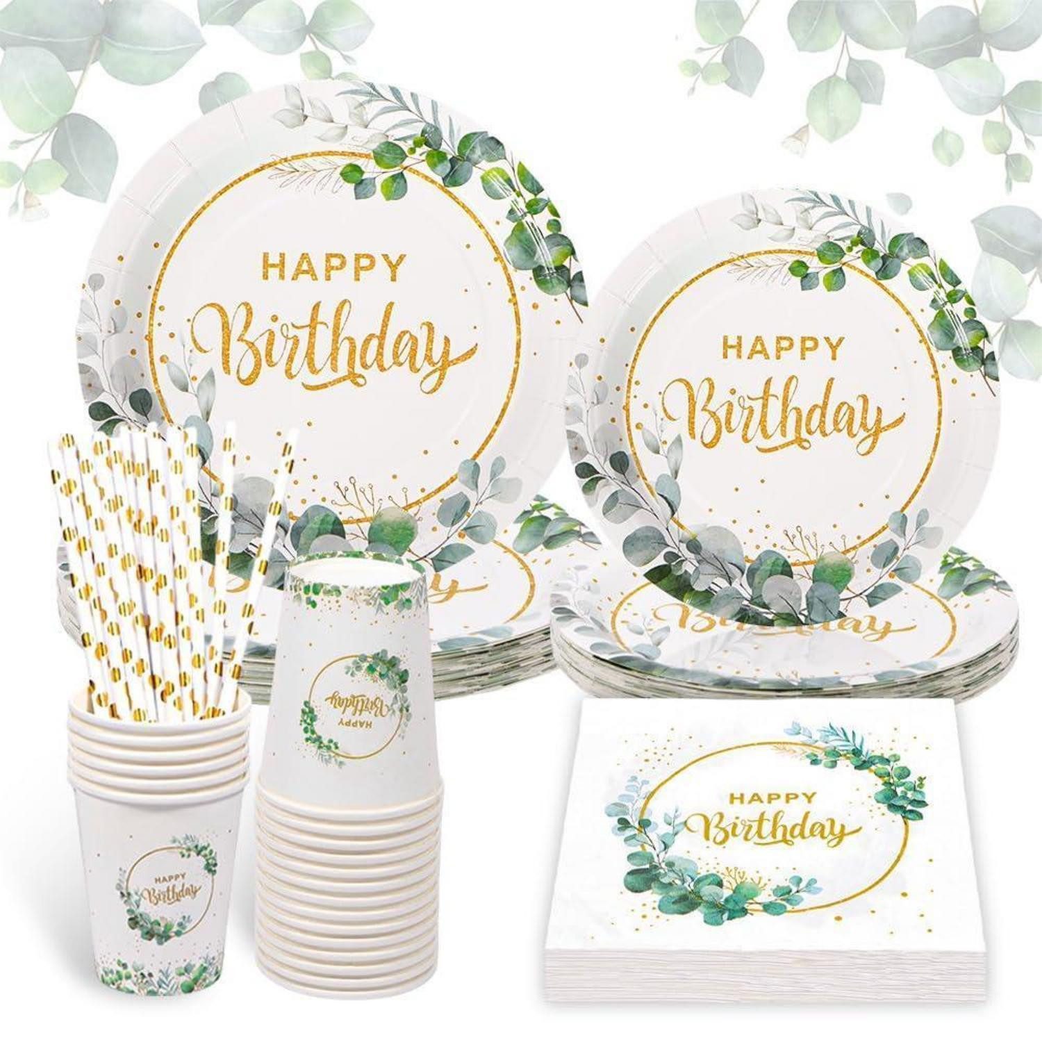 LuxusKollektion Pappteller Partygeschirr Set Eukalyptus für 20 Gäste, (1 St)