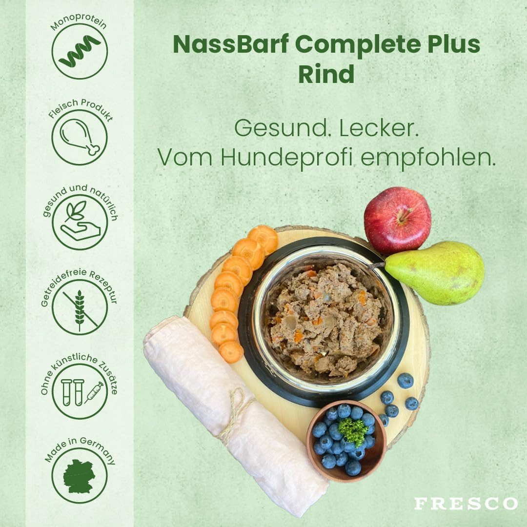 Fresco Dog NassBarf Premium Hundefutter Nass 12 x 400g, Rind, Nassfutter für: Hunde, Getreidefrei, zuckerfrei & hoher Fleischanteil