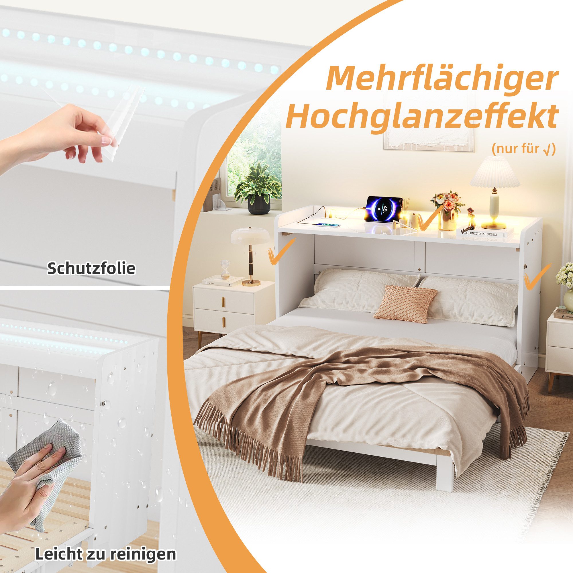 Odikalo Schrankbett Polsterbett Einzelbett 140x200 mit LED & USB (Unter dem Bett befinden sich Schubladen, Mit USB und Steckdose, LED-Lichtleiste, Mit Hochglanz – Bild 5 von 5