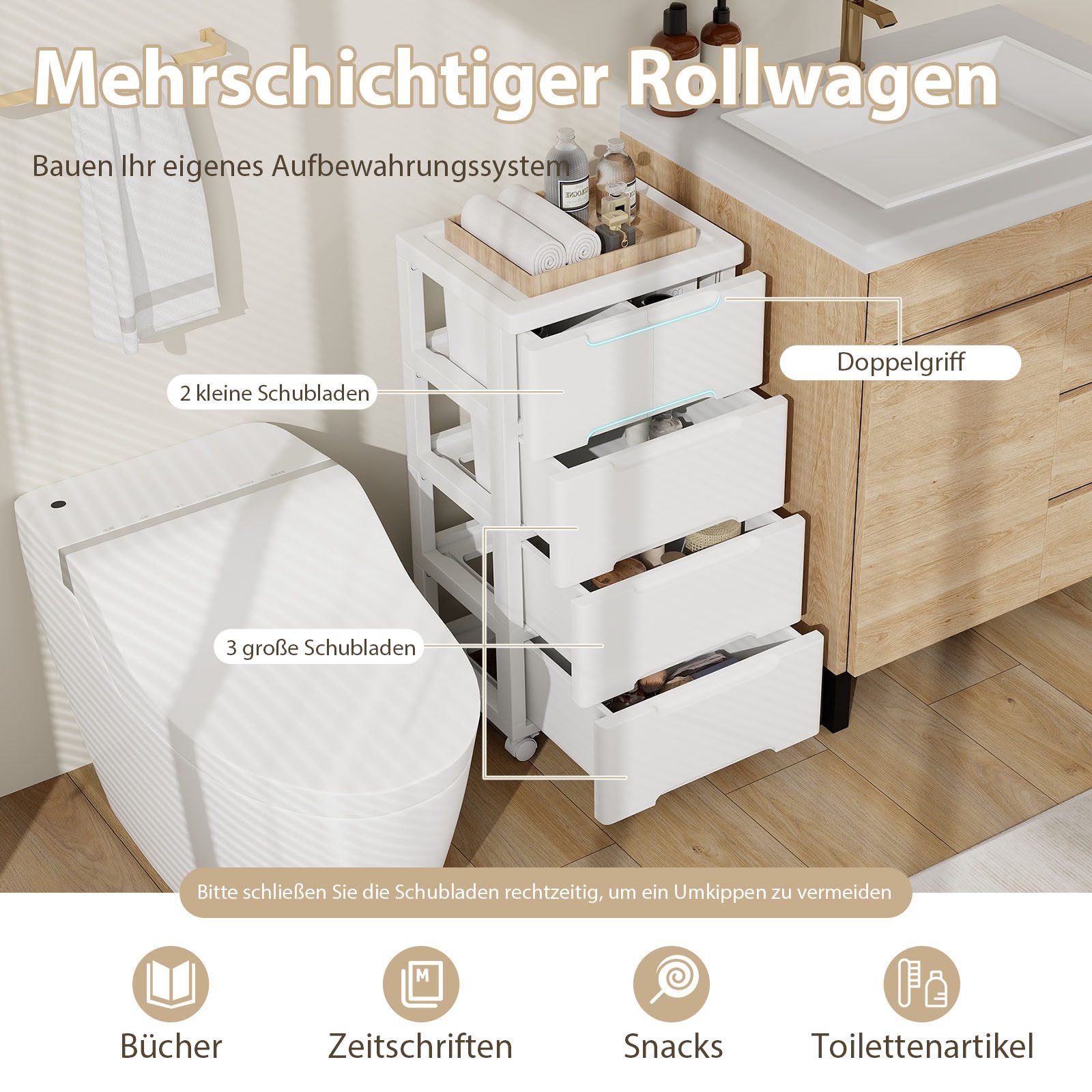 COSTWAY Kommode, Nischenschrank mit Rollen, 7 Schubladen 40x32x114cm