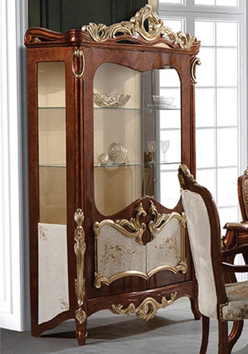 Casa Padrino Vitrine Luxus Barock Vitrine Braun / Cremefarben / Gold - Handgefertigter Massivholz Vitrinenschrank mit 2 Glastüren - Prunkvolle Barock Möbel