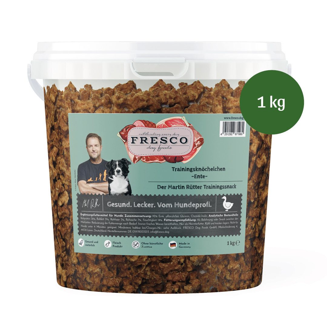Fresco Dog Martin Rütter Trainingsknöchelchen 1kg Hunde Leckerli, Ente, Snack für: Hunde, Getreidefrei, zuckerfrei & hoher Fleischanteil