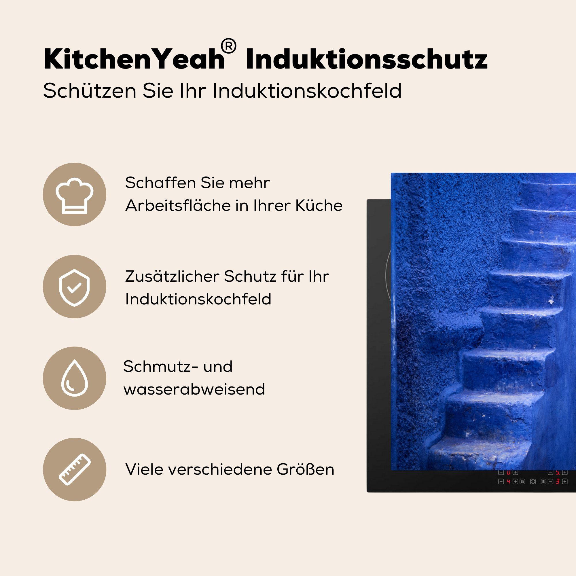 Ceranfeldabdeckung Herdblende-/Abdeckplatte cm, 60x52 Mobile - (1 Arbeitsfläche - MuchoWow Tür, tlg), nutzbar, Treppe - Blau Architektur Vinyl,