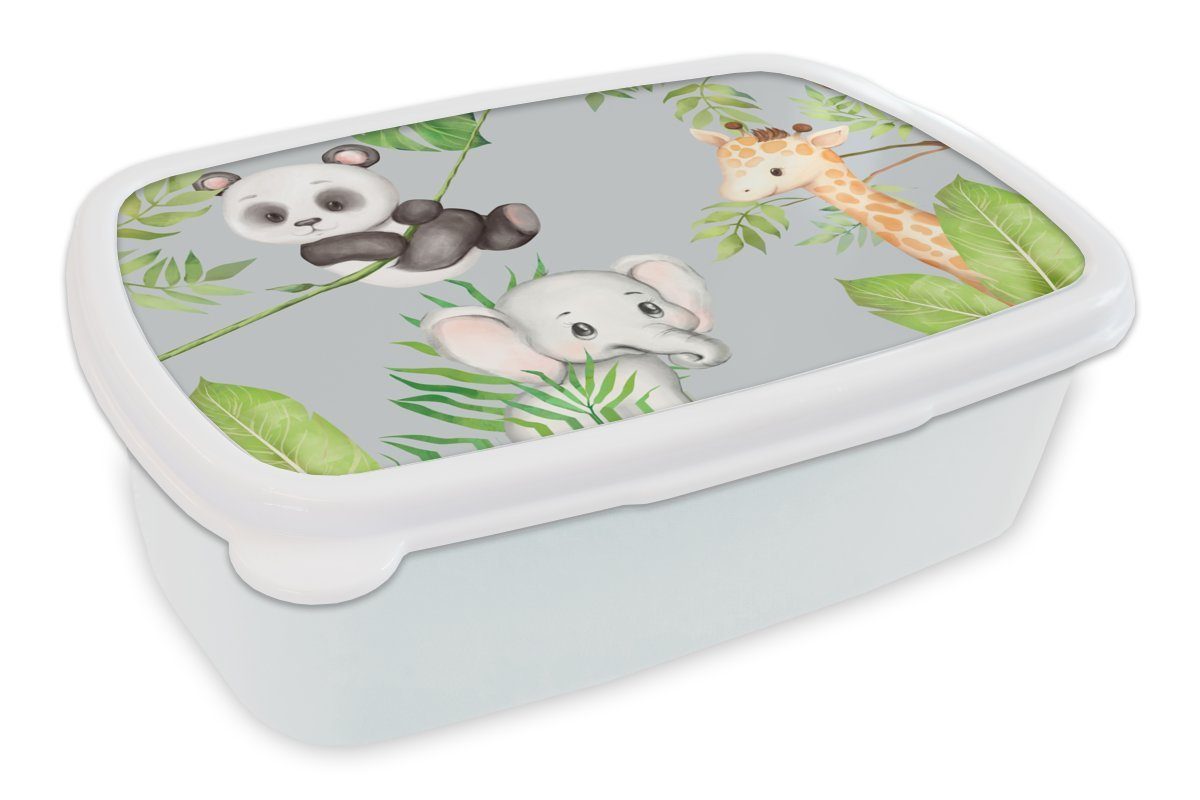 MuchoWow Lunchbox Dschungel - Blätter - Tiere, Kunststoff, (2-tlg), Brotbox für Kinder und Erwachsene, Brotdose, für Jungs und Mädchen weiß