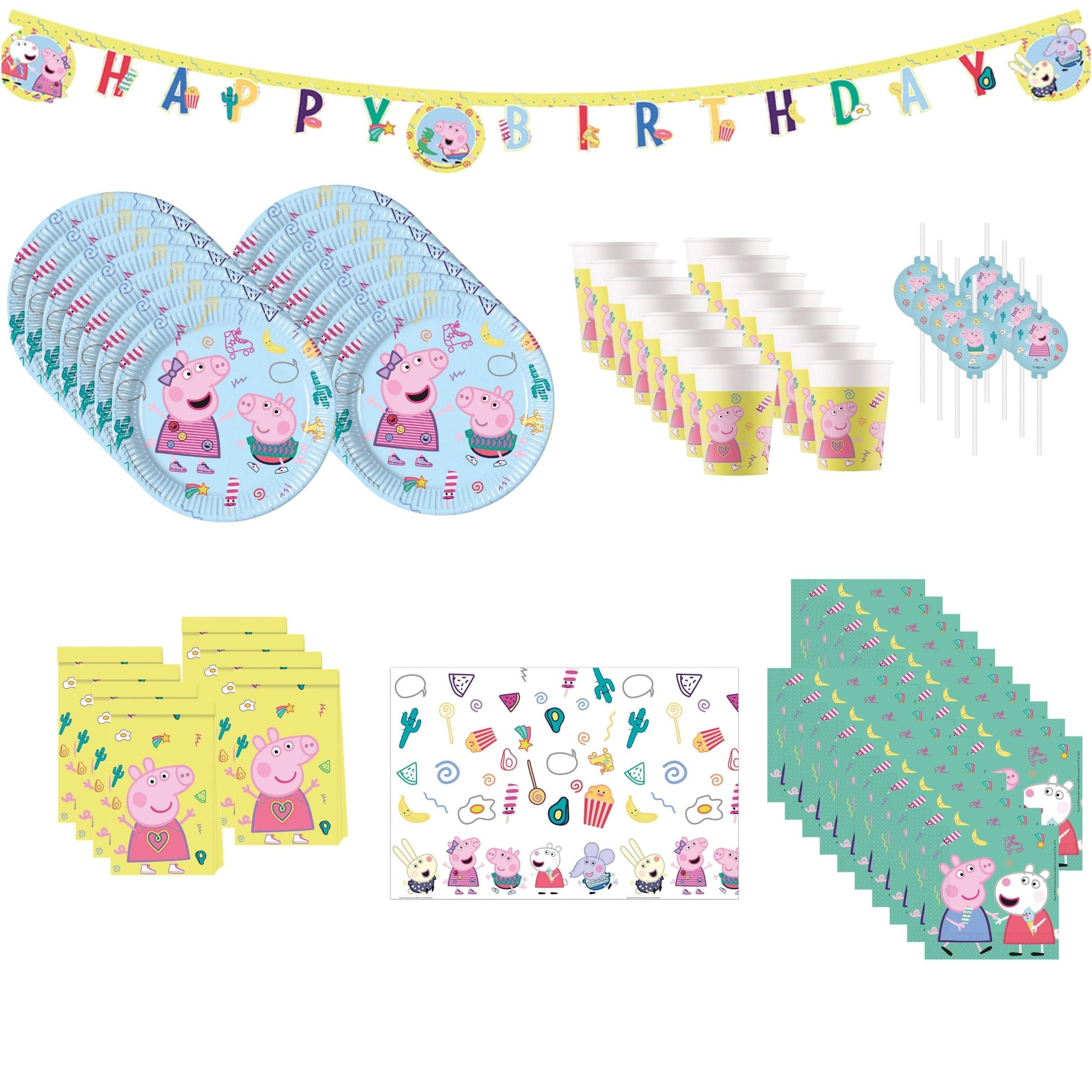 Procos Einweggeschirr-Set 70-tlg. Peppa Pig Party Set für Kindergeburtstag, 16 Personen