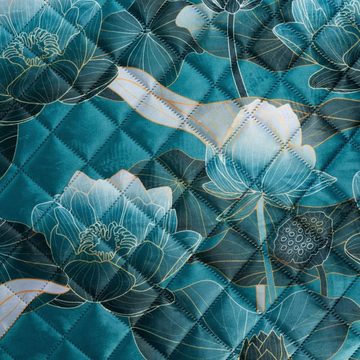 Tagesdecke Bettüberwurf aus weichem Samt mit Lotusblumenmotiv, Eurofirany, Samt, Größe 220x240, Farbe Türkis