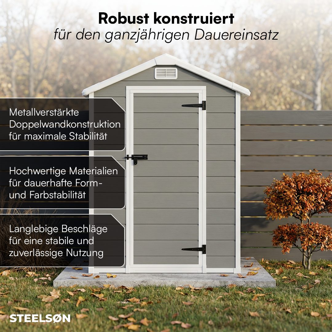 STEELSØN Gerätehaus Novara mit Bodenplatte, wetterfest, Geräteschuppen mit Satteldach, Gartenhaus inkl. Fenster
