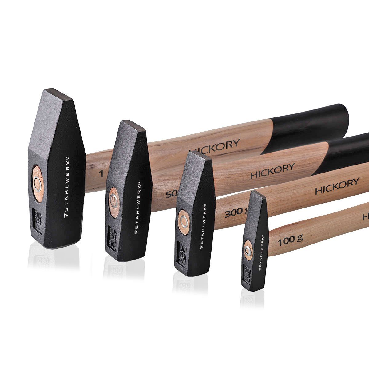 STAHLWERK Hammer Hammer Schlosserhammer Set 100g 300g 500g 1000g (Set, 4-St., Set), vibrationsdämpfender Griff aus Hickory-Holz