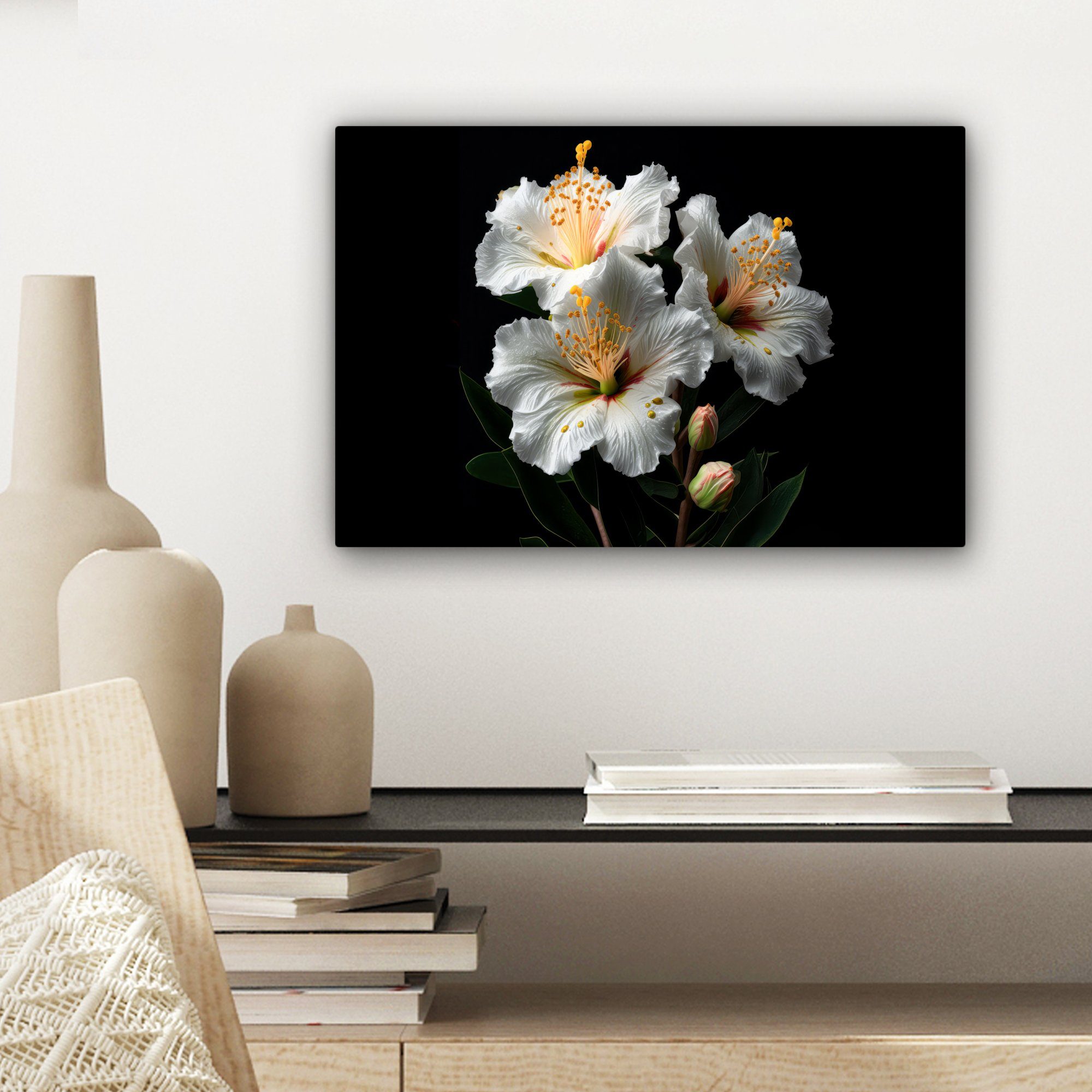 OneMillionCanvasses® Leinwandbild Blumen - Wanddeko, Hibiskus Natur 30x20 St), Weiß Leinwandbilder, Aufhängefertig, - (1 cm Schwarz, - - Wandbild