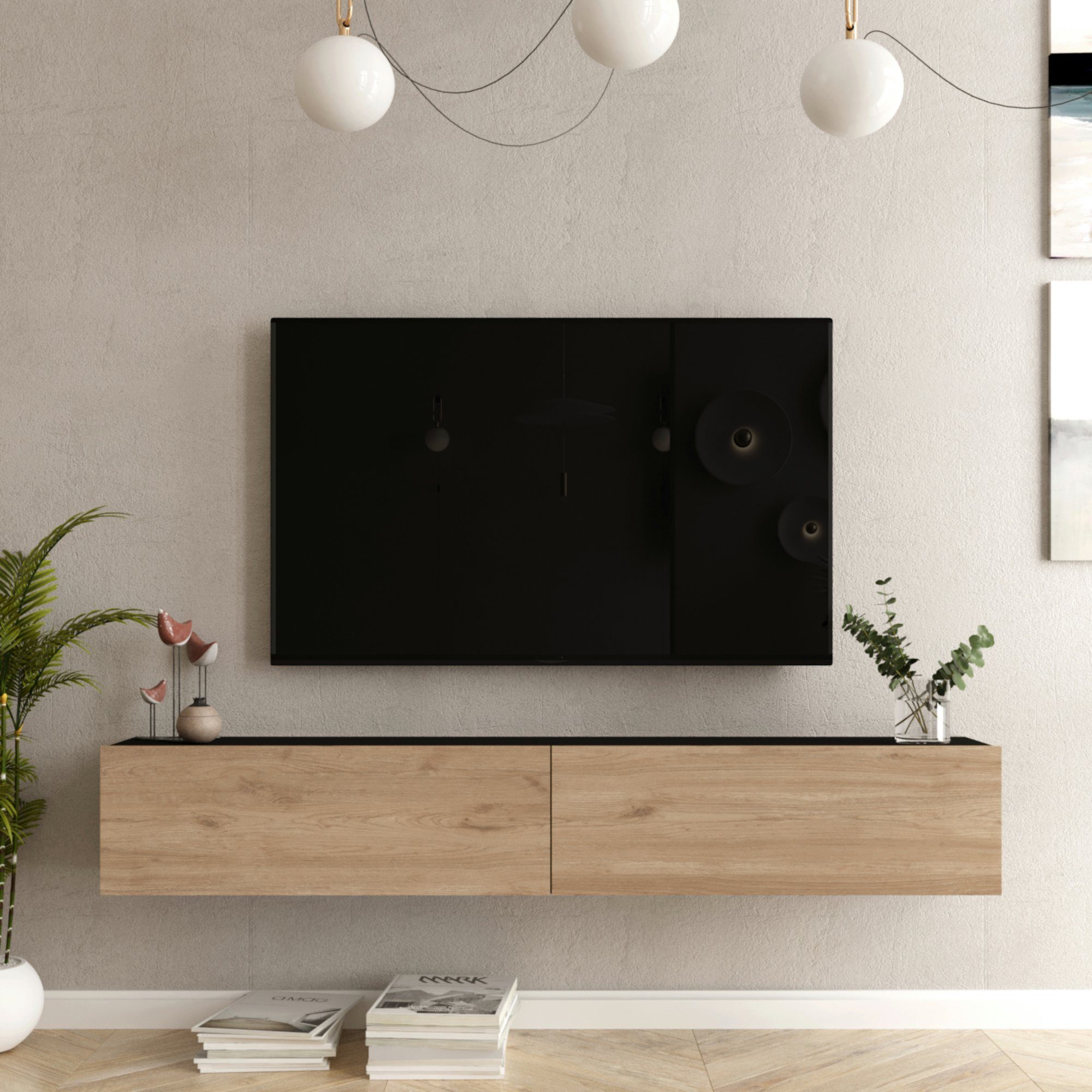 en.casa TV-Schrank »Lapinlahti« 180x31,5x29,5cm Eiche/Schwarz günstig online kaufen