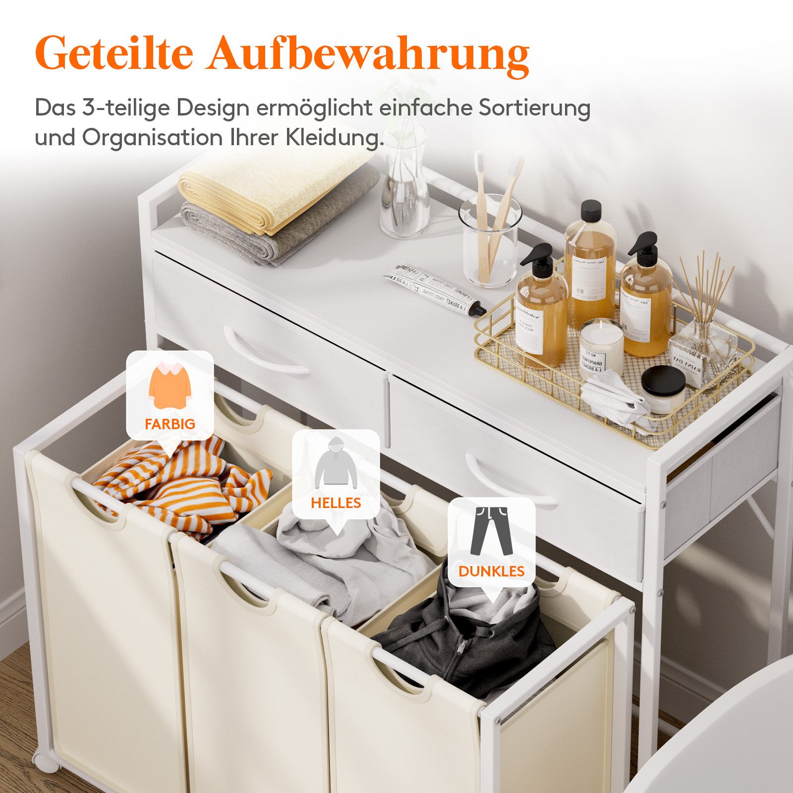 Lifewit Wäschebox Grobe Rolling Wäschesammler mit Regal und 2 Schubladen