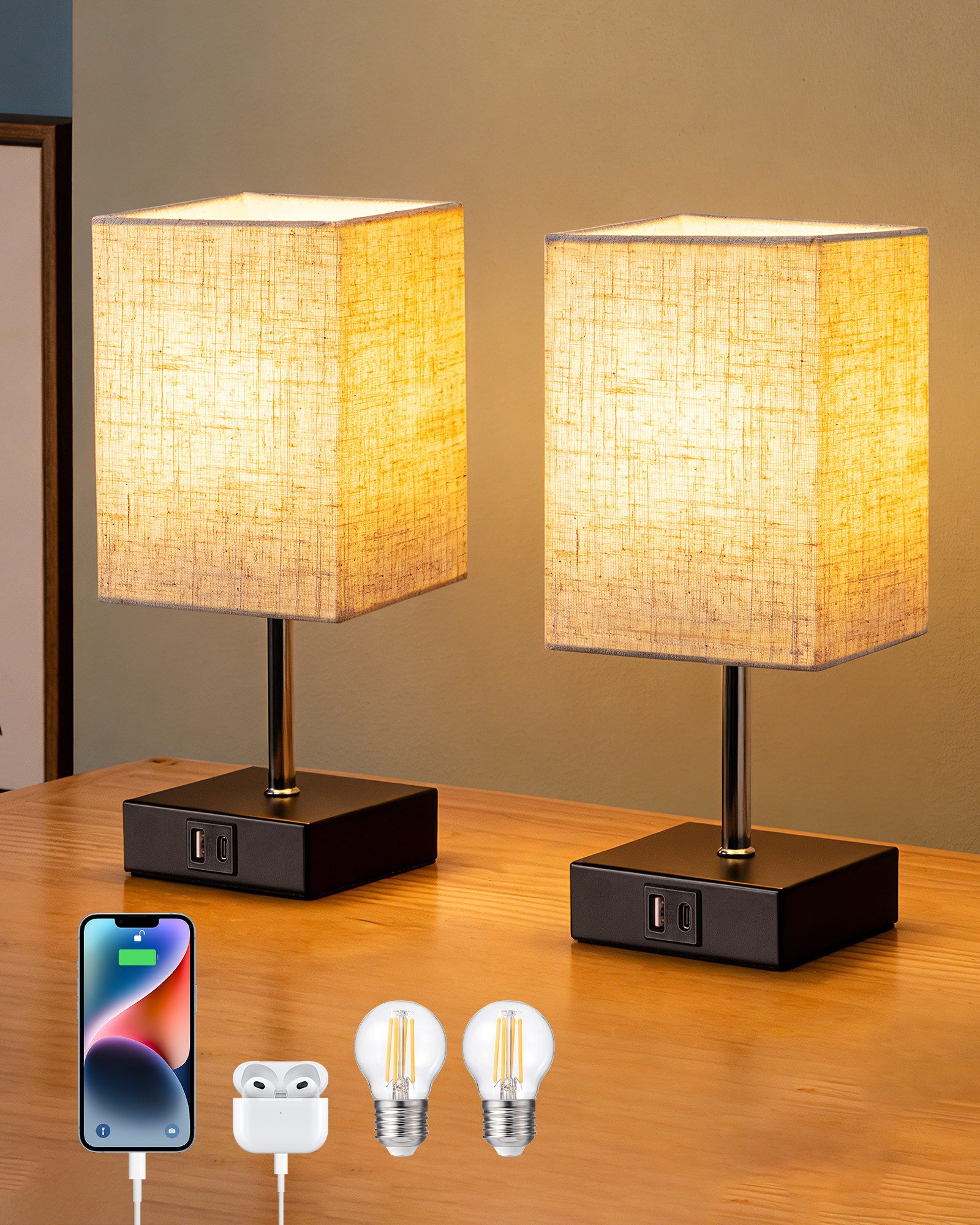 EDISHINE LED Nachttischlampe Touch Dimmbar, 2er-Set Tischleuchten mit USB, günstig online kaufen