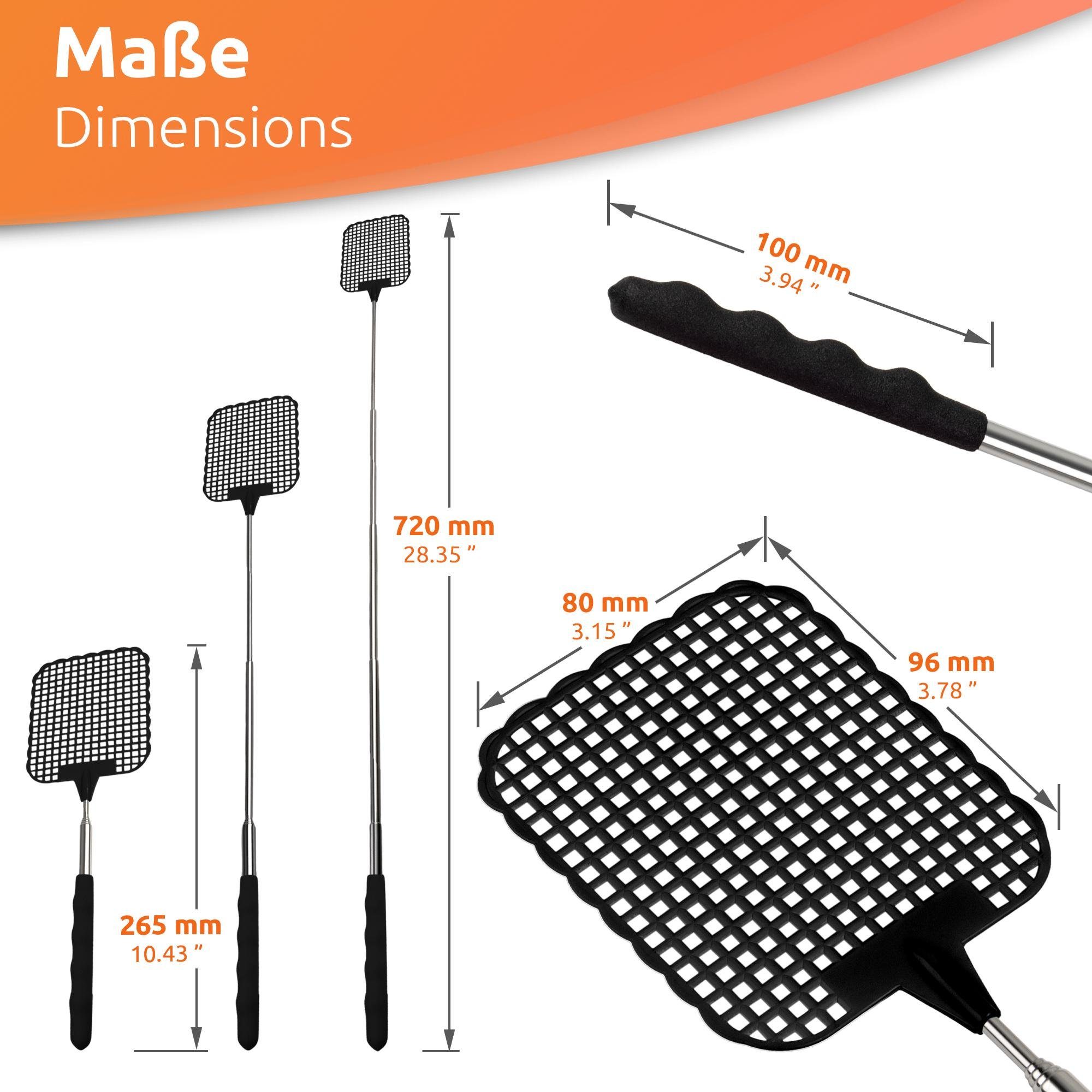 ECENCE Fliegenwedler 2er Set ausziehbare Fliegen-klatschen Schwarz 26cm