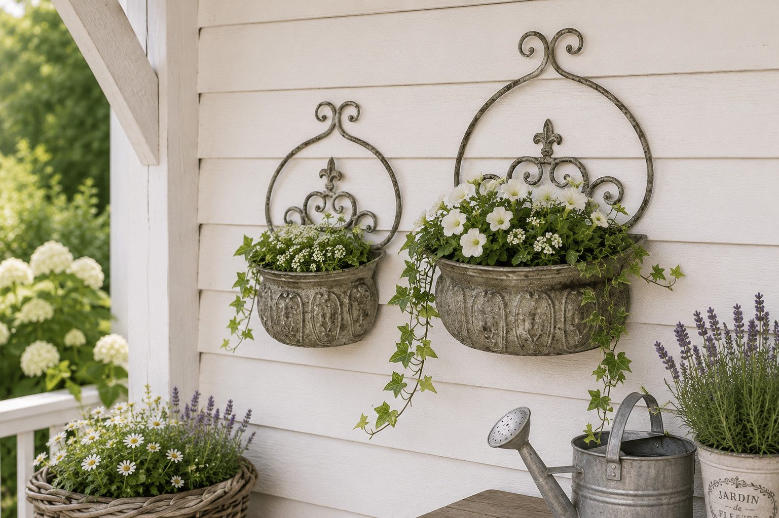 finehomegarden Blumentopf Wandkorb Metall Vintage grau/braun 2er Set Dekorativer Pflanzkorb (Set, 2 St., 2er-Set), Wand Garten, Terrasse & Veranda 28x13cm H38cm / 34x18cm H43cm