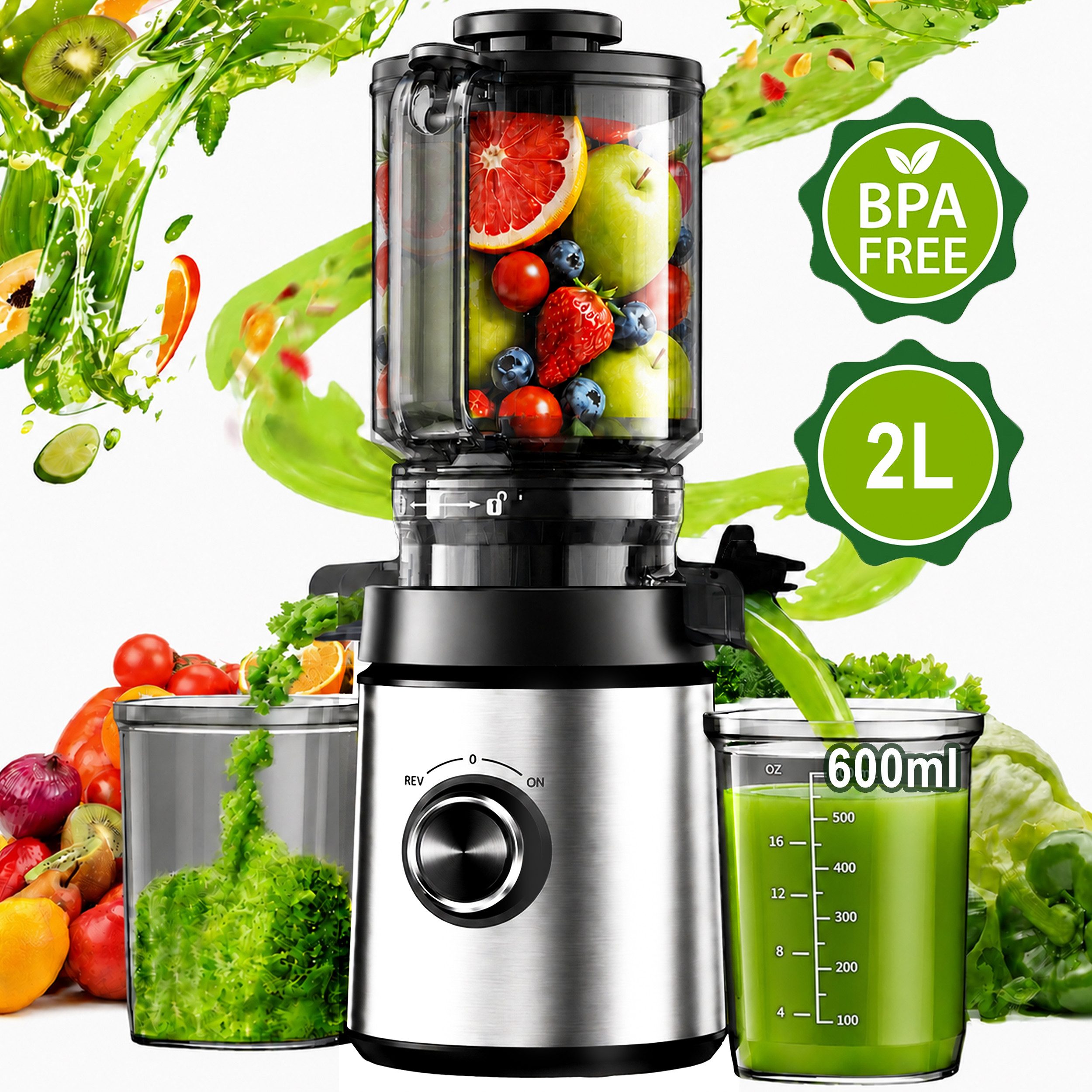 Luckice Slow Juicer Entsafter mit 140-mm-Einfüllöffnung,hoher Saftausbeute,REV-Funktion, 400 W, BPA-frei, spülmaschinengeeignet, inkl. 2 Behältern