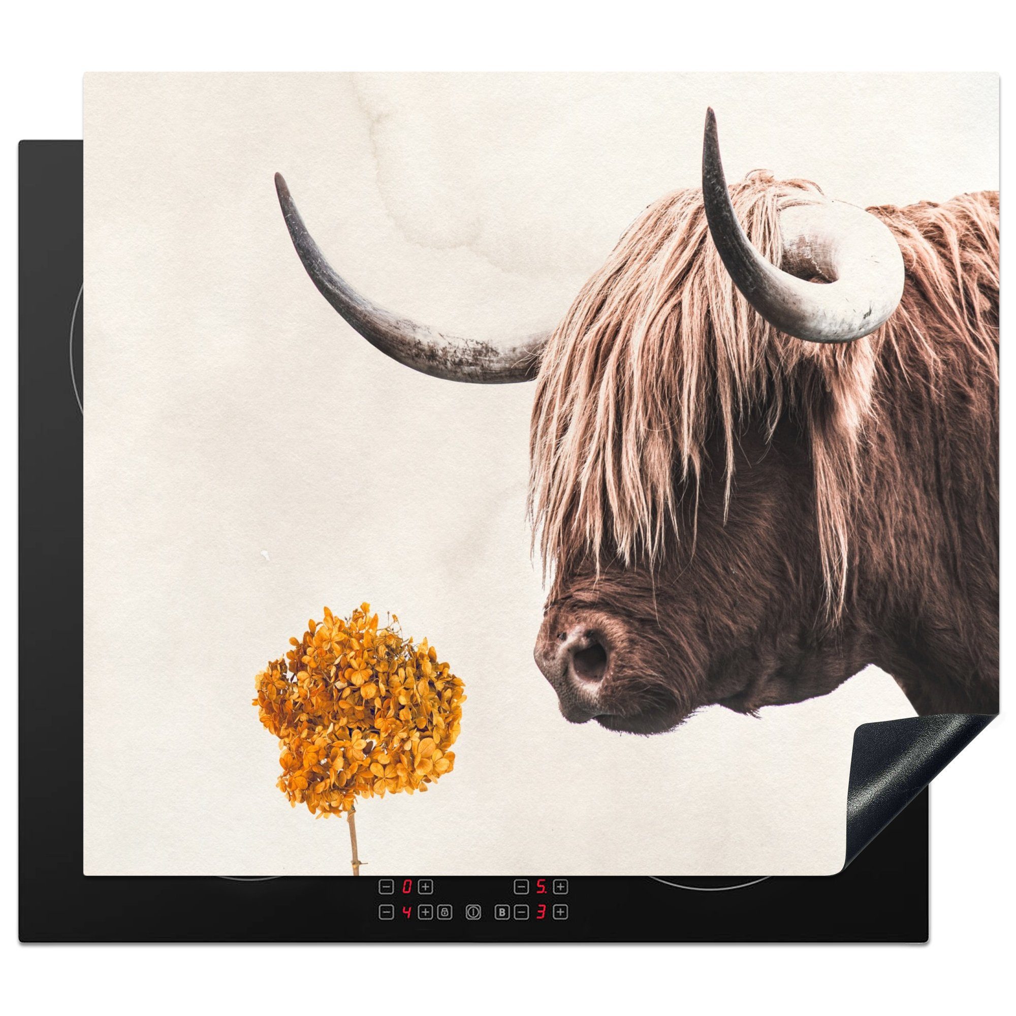 MuchoWow Herdblende-/Abdeckplatte Schottischer Hochländer - Kuh - Blume, Vinyl, (1 tlg), 59x52 cm, Ceranfeldabdeckung für die küche, Induktionsmatte