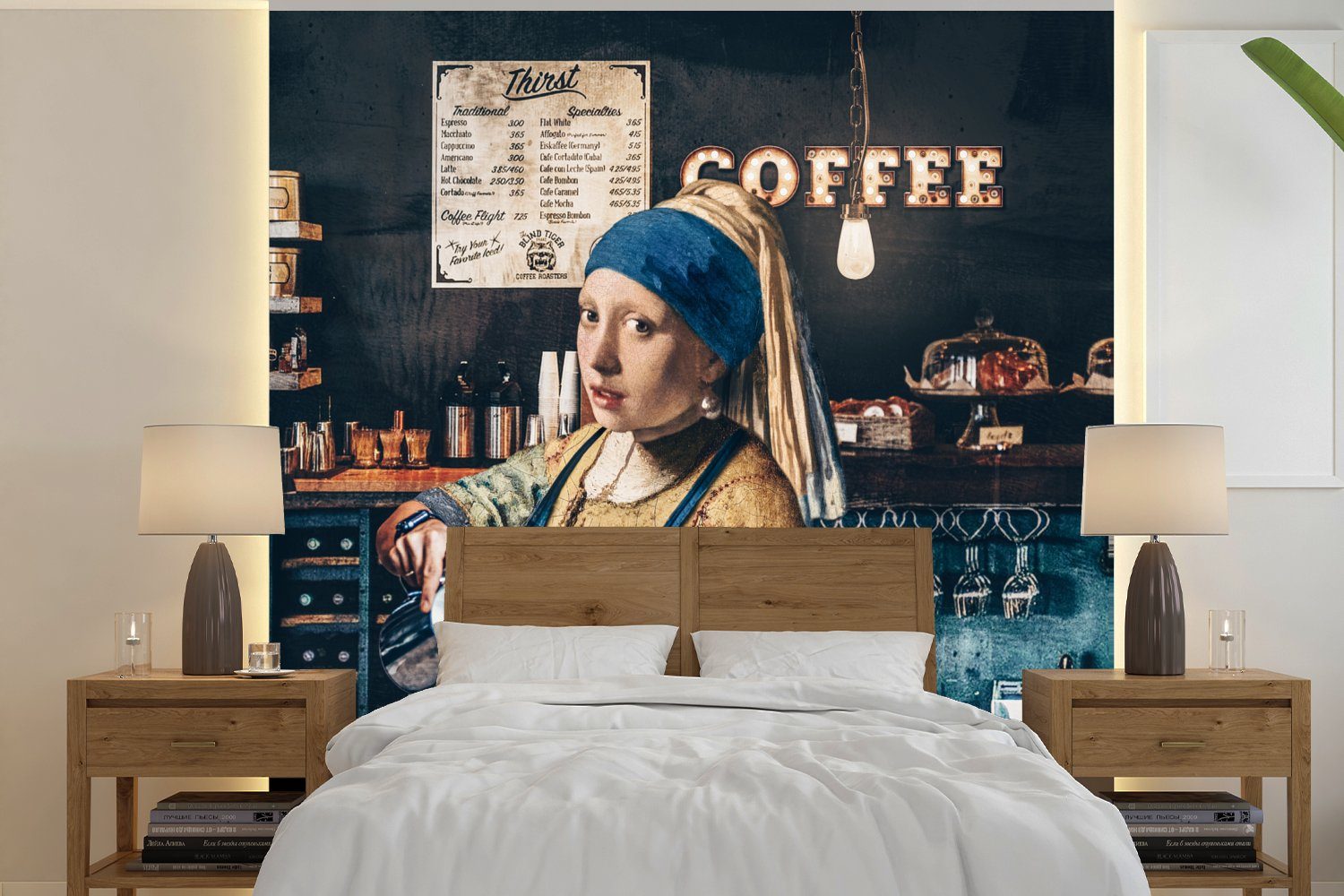 Beliebte Marken MuchoWow Fototapete Kaffee - Mädchen -, Cappuccino - - Wandtapete - Perlenohrring Barista für Matt, Tapete Vinyl mit oder Vermeer Wohnzimmer St), Schlafzimmer, (5 bedruckt